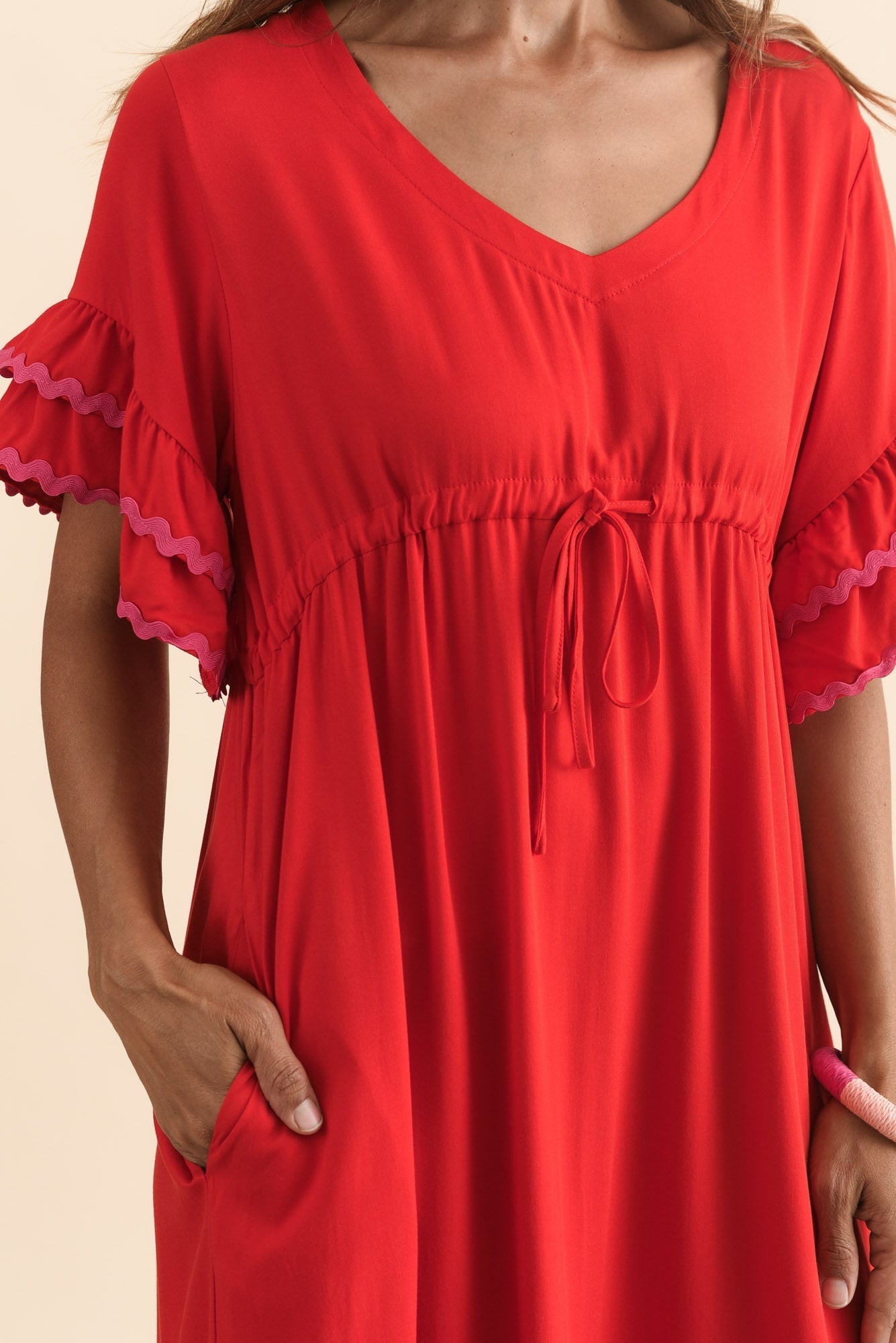 Rosemarie Red Contrast Frill Dress