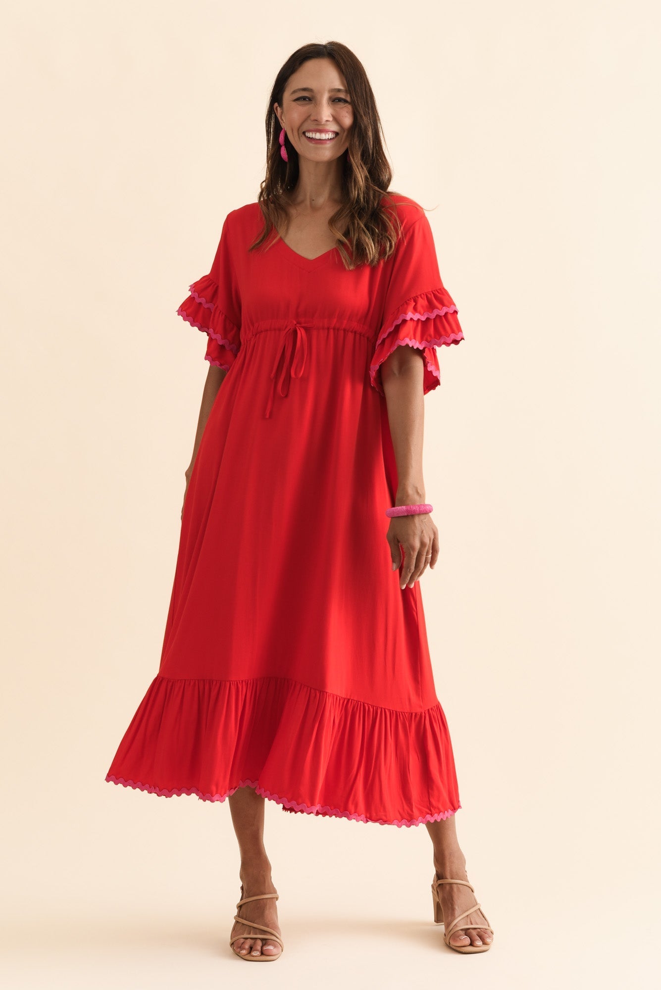 Rosemarie Red Contrast Frill Dress