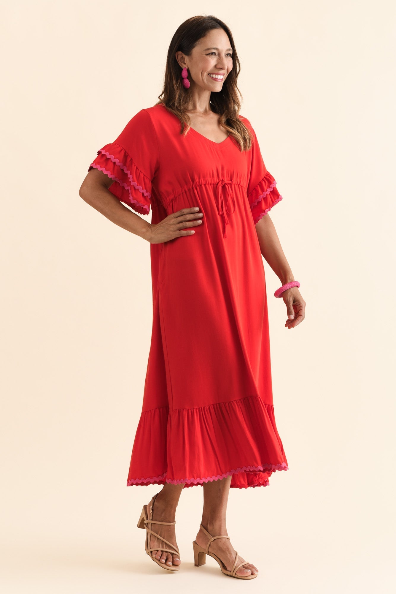 Rosemarie Red Contrast Frill Dress