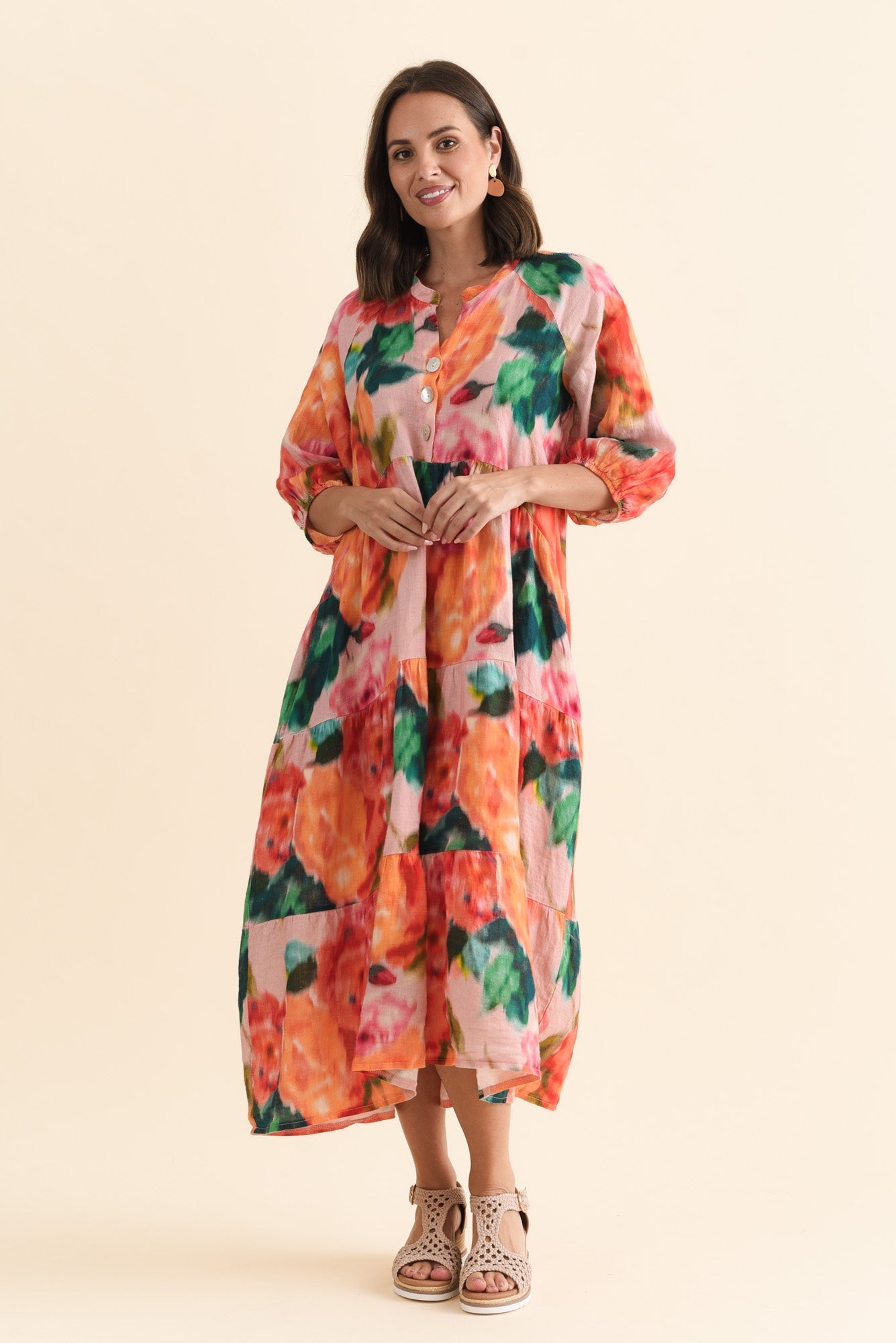 Ruthie Orange Floral Linen Button Dress