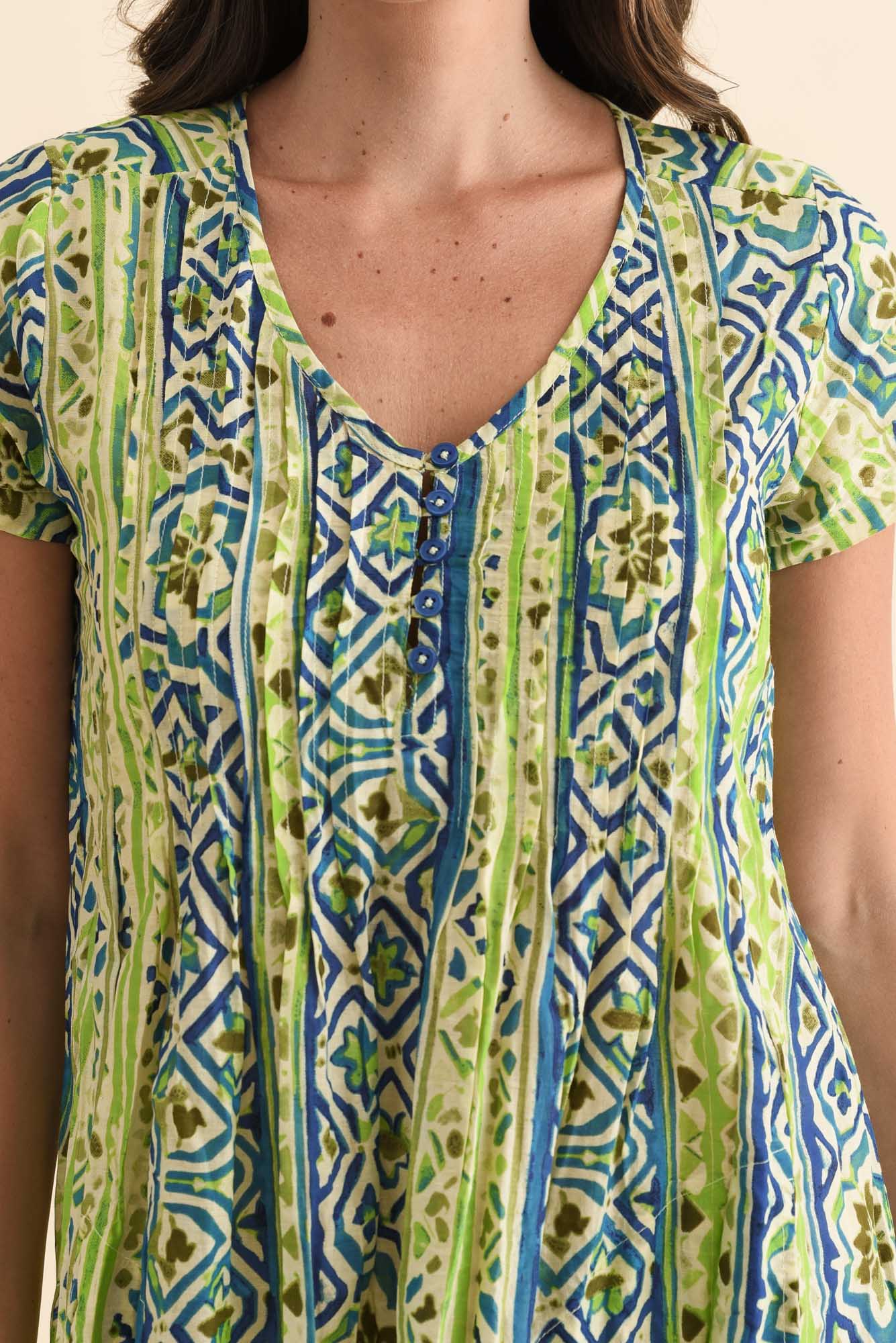 Sabina Blue Abstract Crinkle Cotton Dress