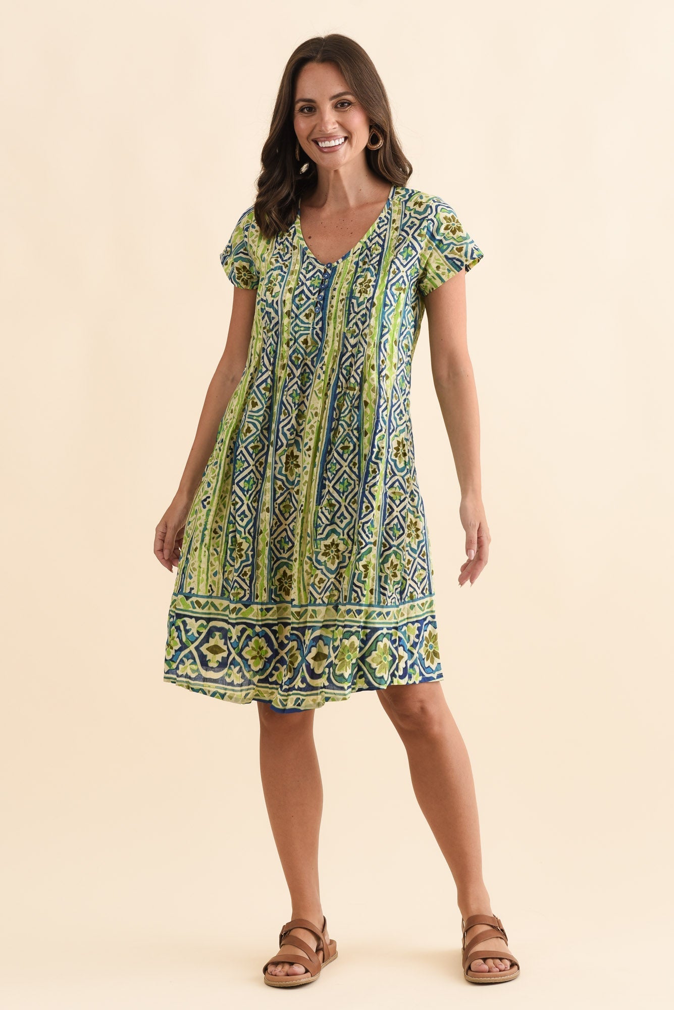 Sabina Blue Abstract Crinkle Cotton Dress