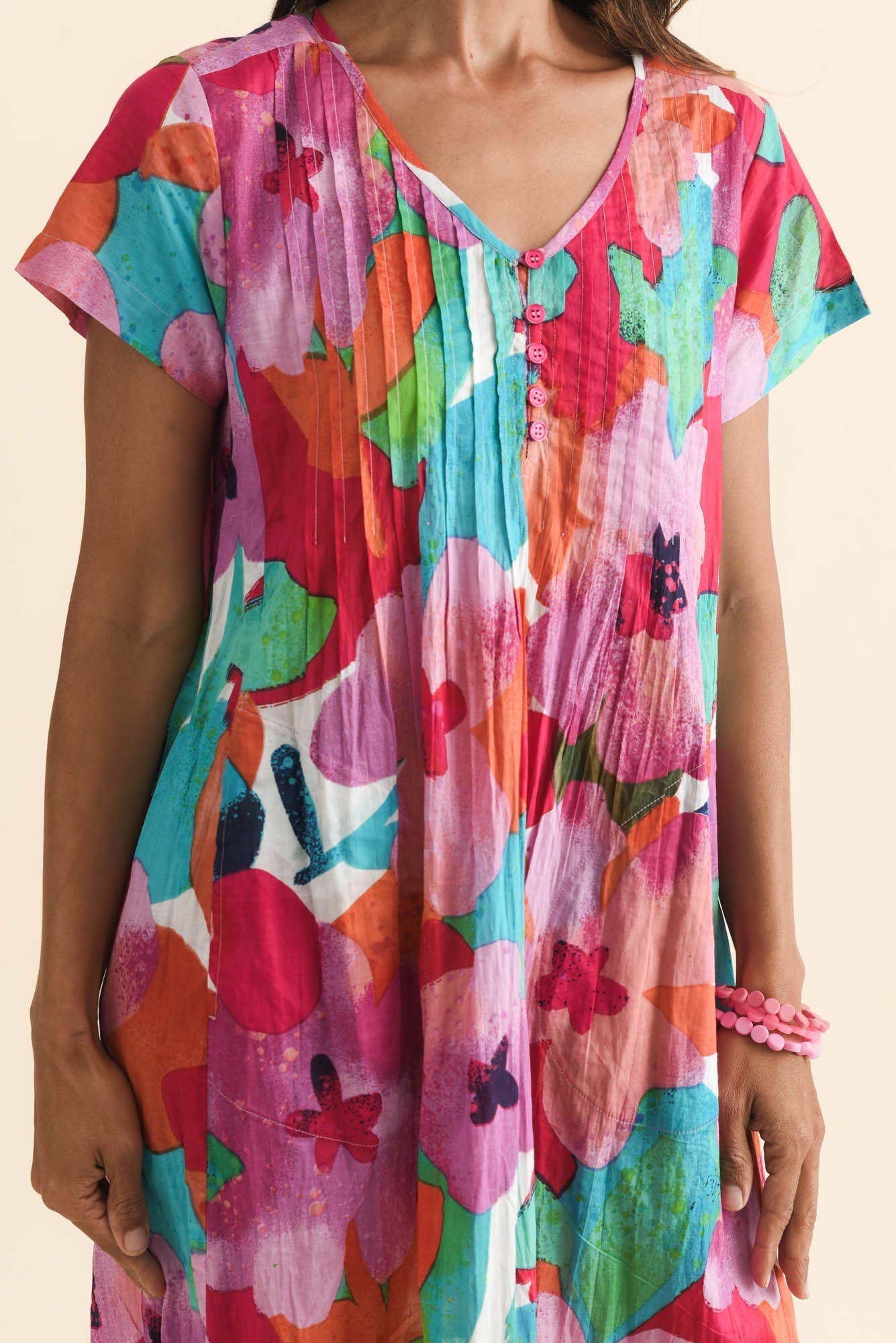 Sabina Pink Floral Crinkle Cotton Dress