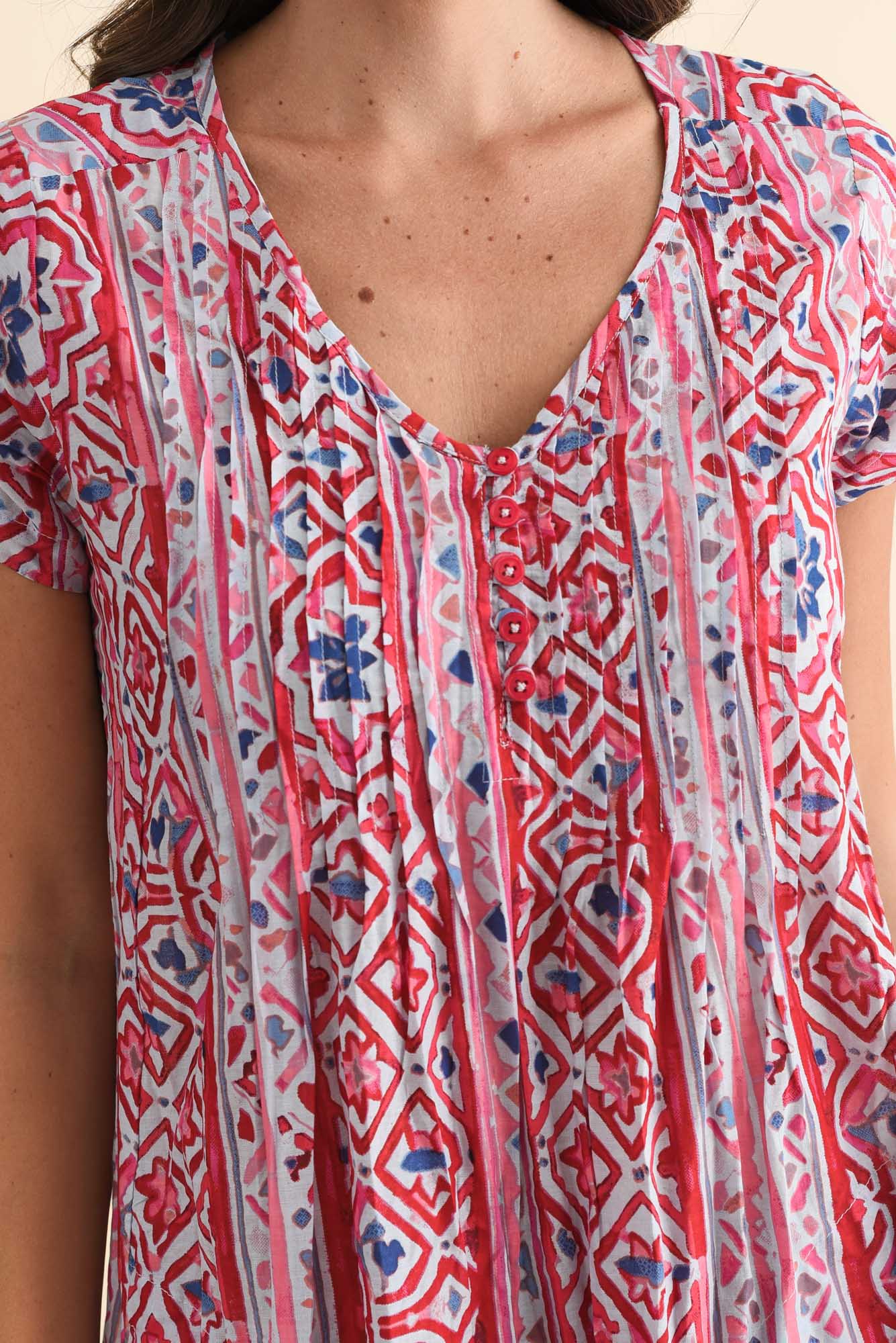 Sabina Red Abstract Crinkle Cotton Dress