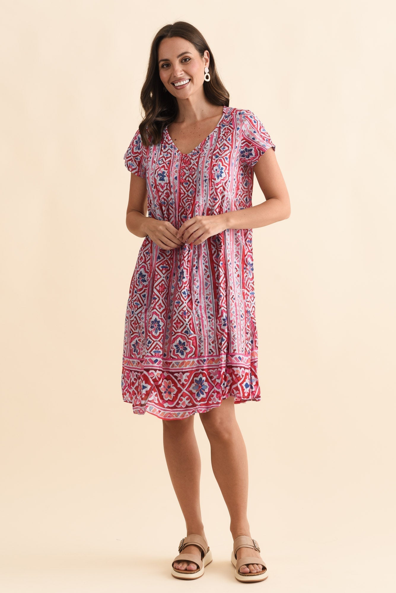 Sabina Red Abstract Crinkle Cotton Dress