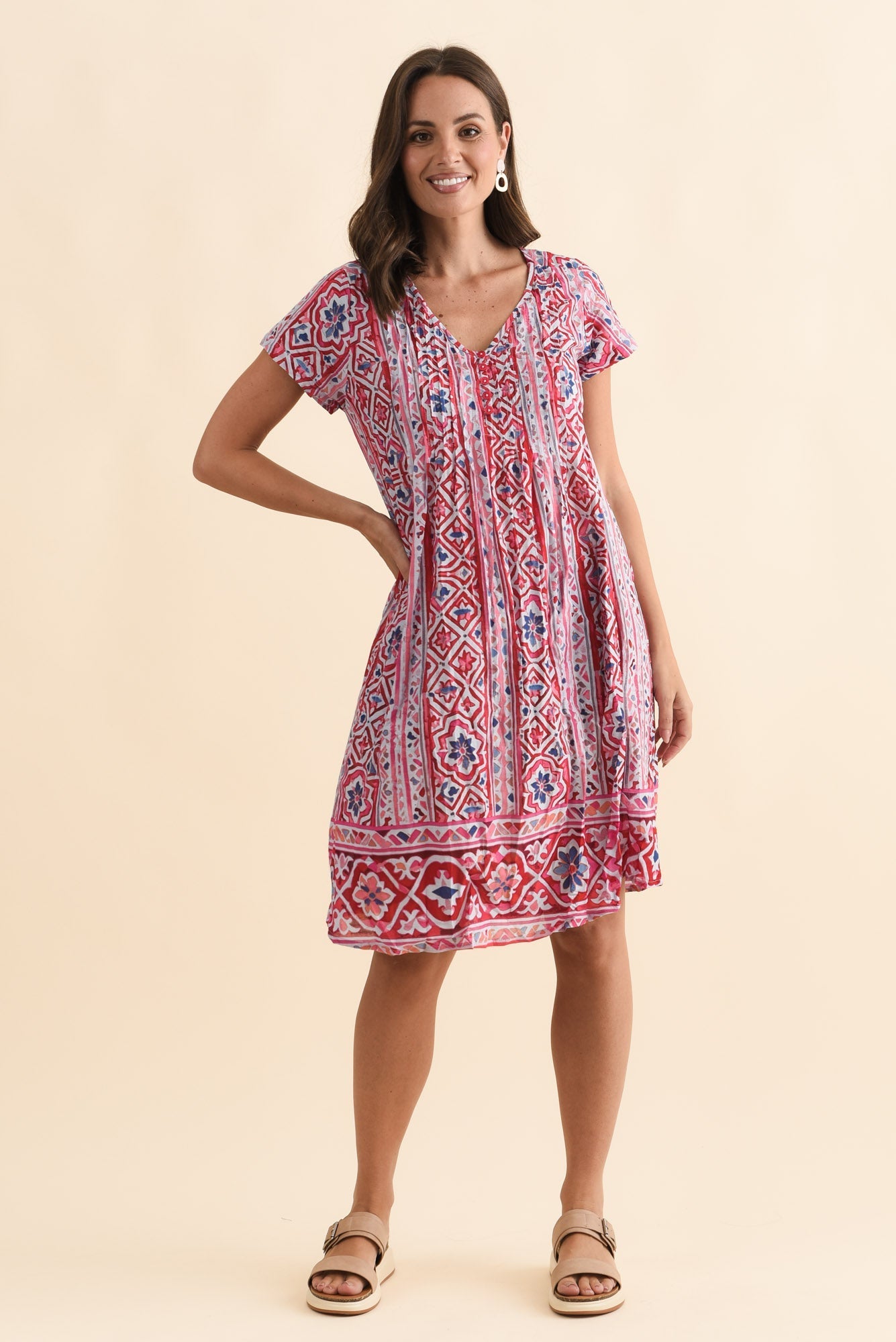 Sabina Red Abstract Crinkle Cotton Dress