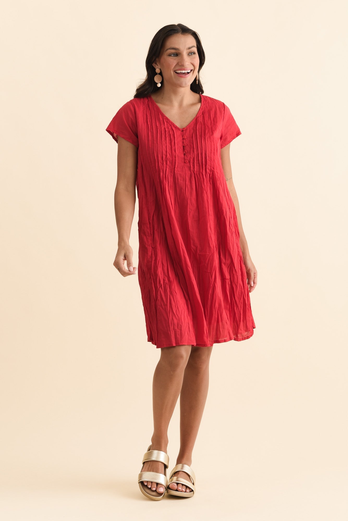 Sabina Red Crinkle Cotton Dress
