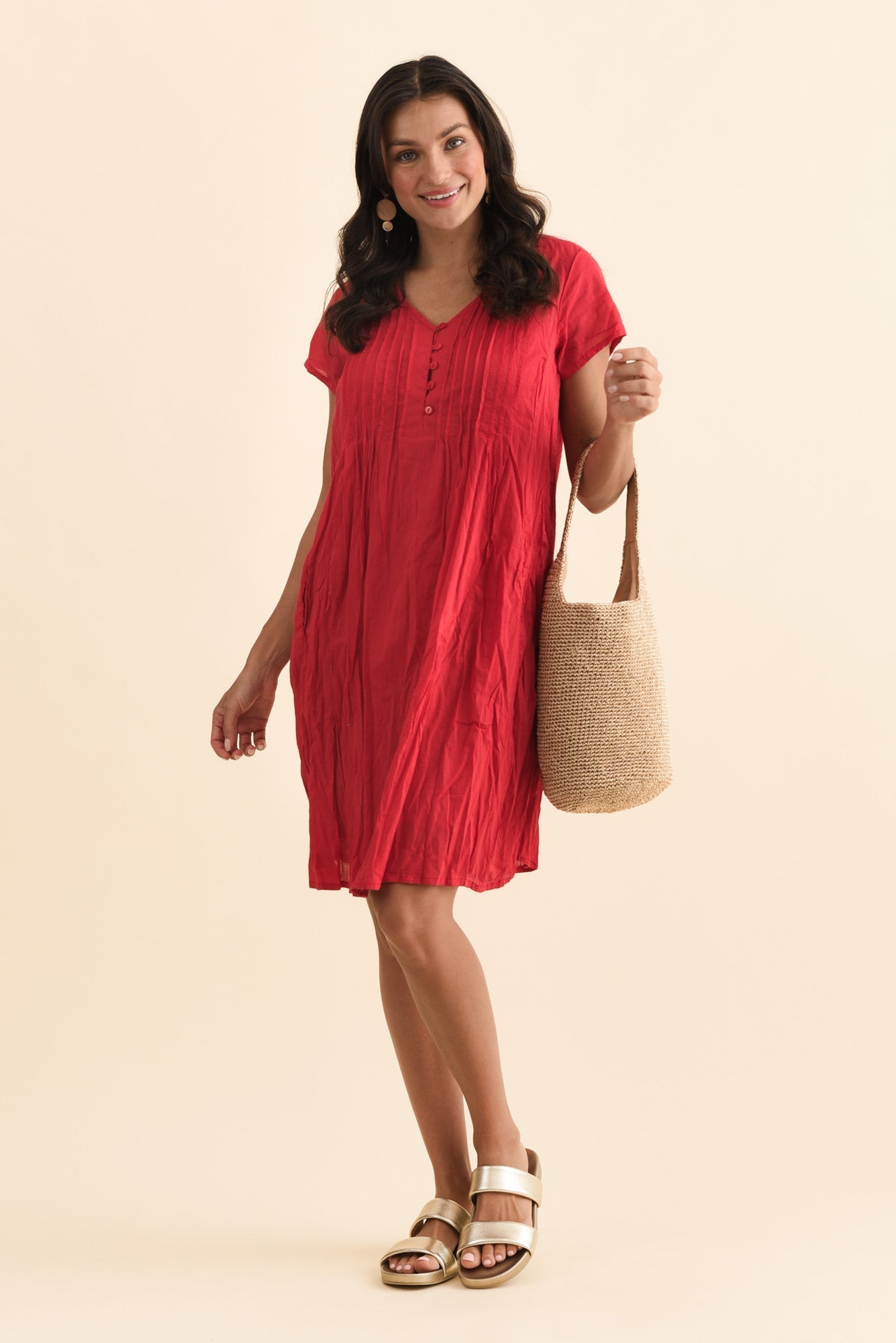 Sabina Red Crinkle Cotton Dress