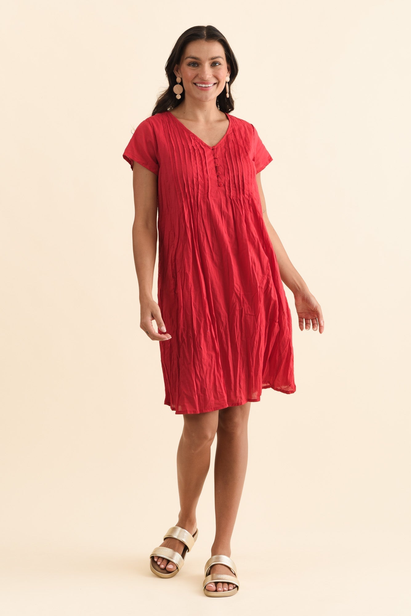 Sabina Red Crinkle Cotton Dress