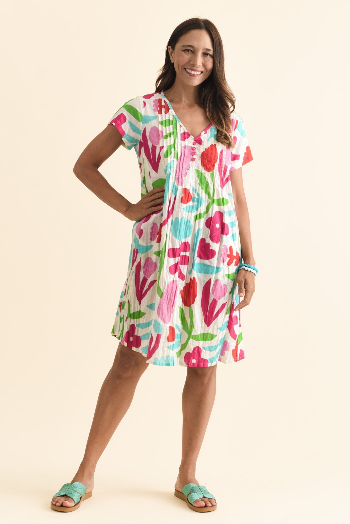 Sabina White Flower Crinkle Cotton Dress