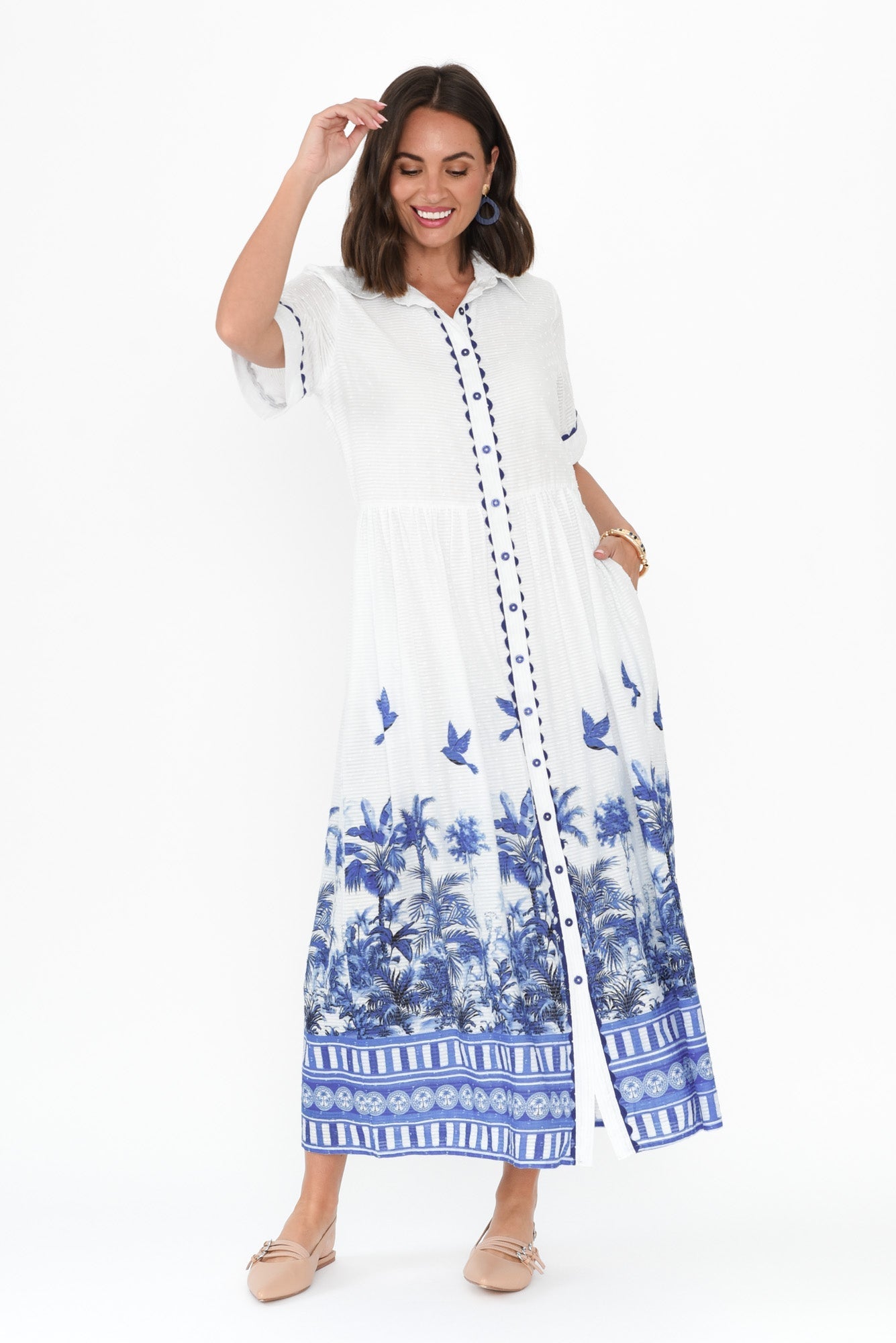 Sagara Blue Tropical Cotton Tie Dress