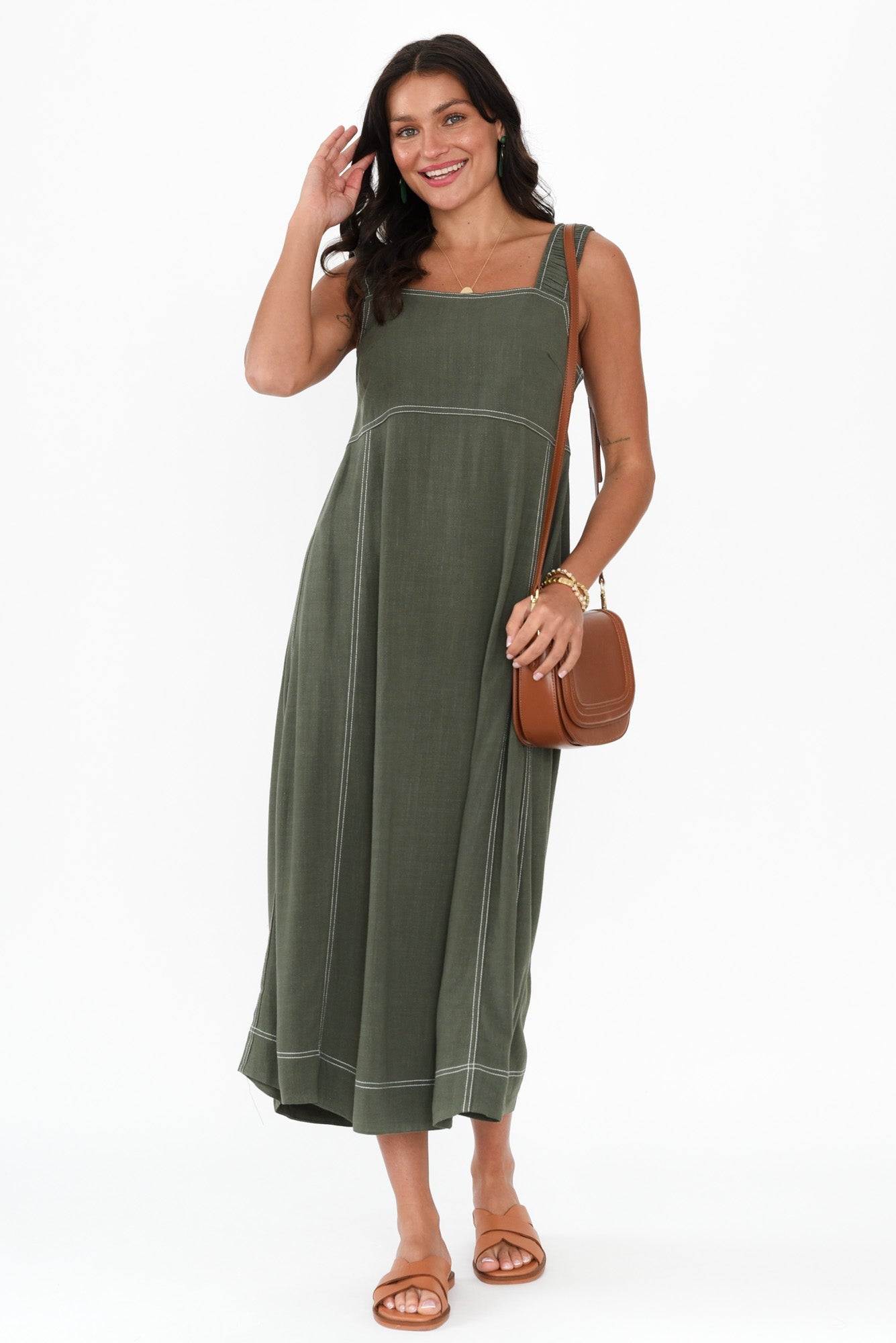 Saylor Khaki Contrast Linen Blend Dress