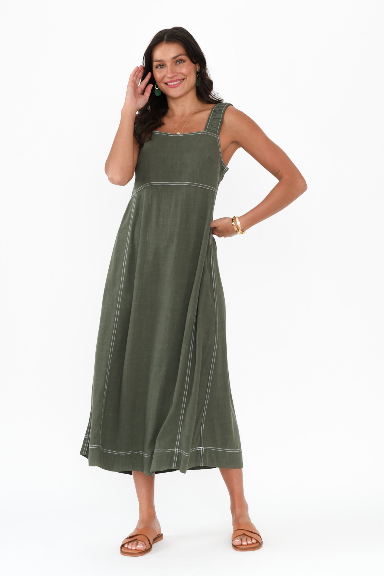 Saylor Khaki Contrast Linen Blend Dress