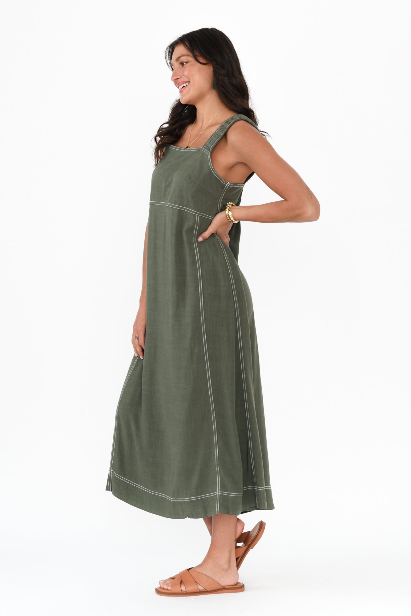 Saylor Khaki Contrast Linen Blend Dress