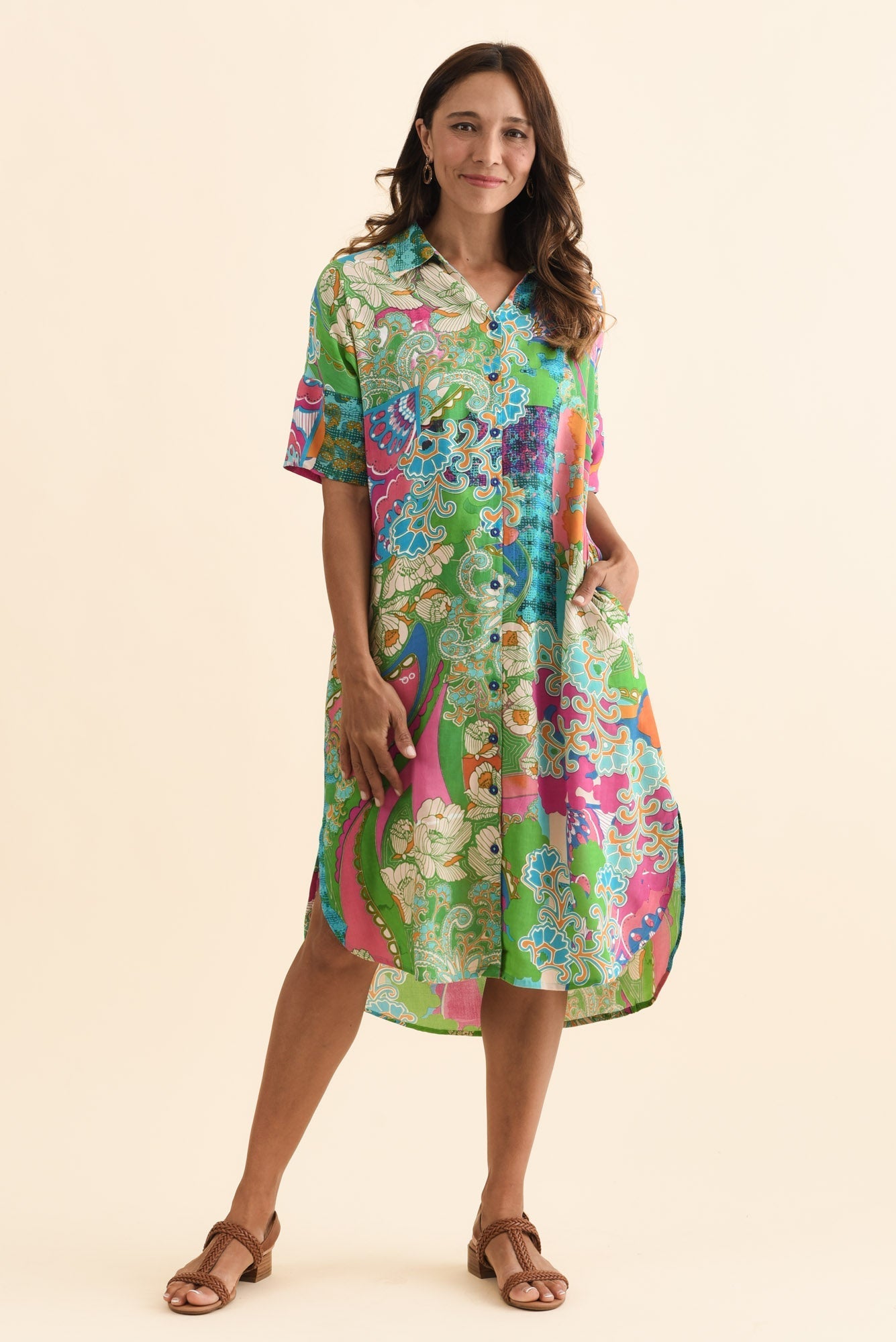 Stephanie Green Mosaic Button Dress
