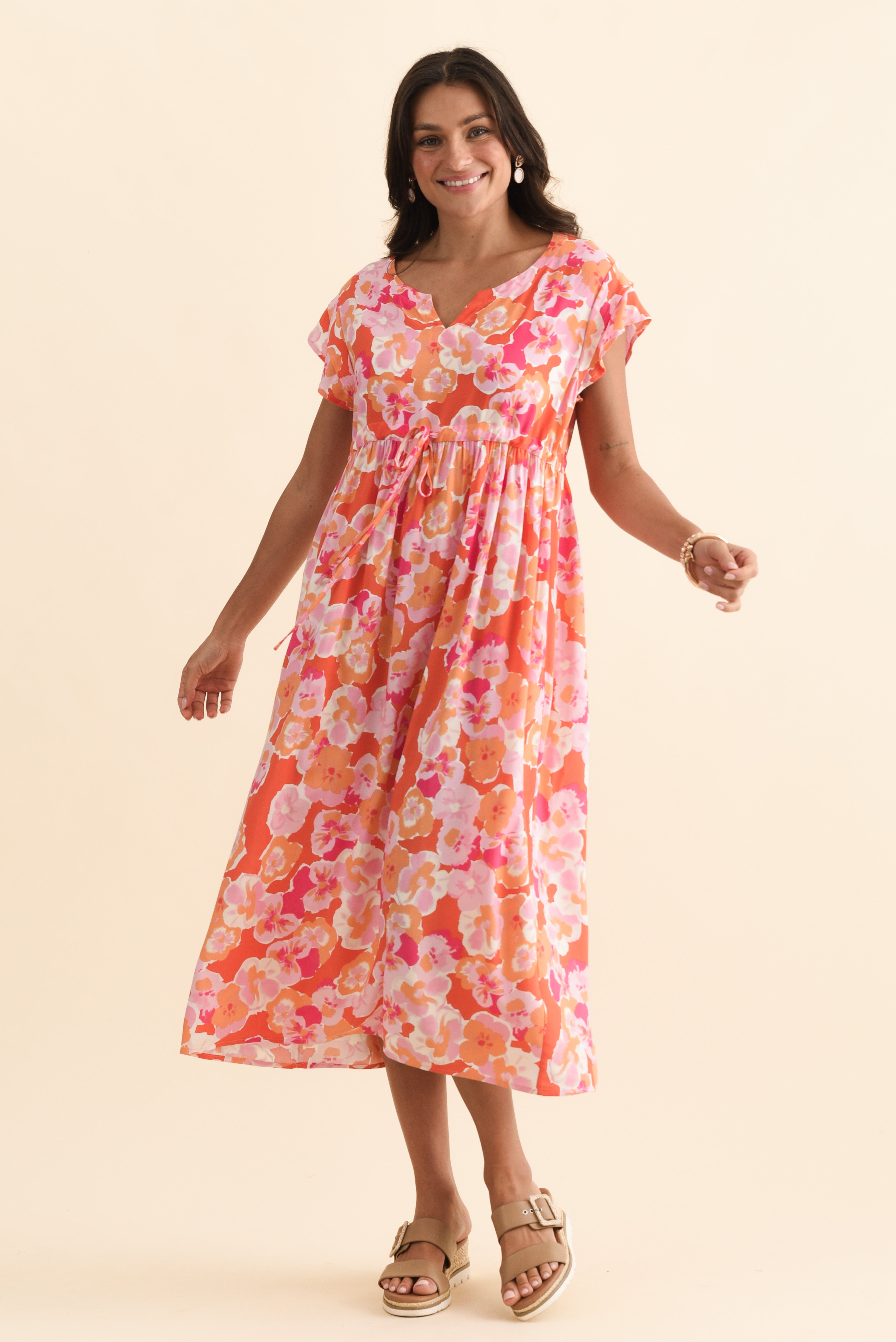 Suzette Orange Floral Midi Dress
