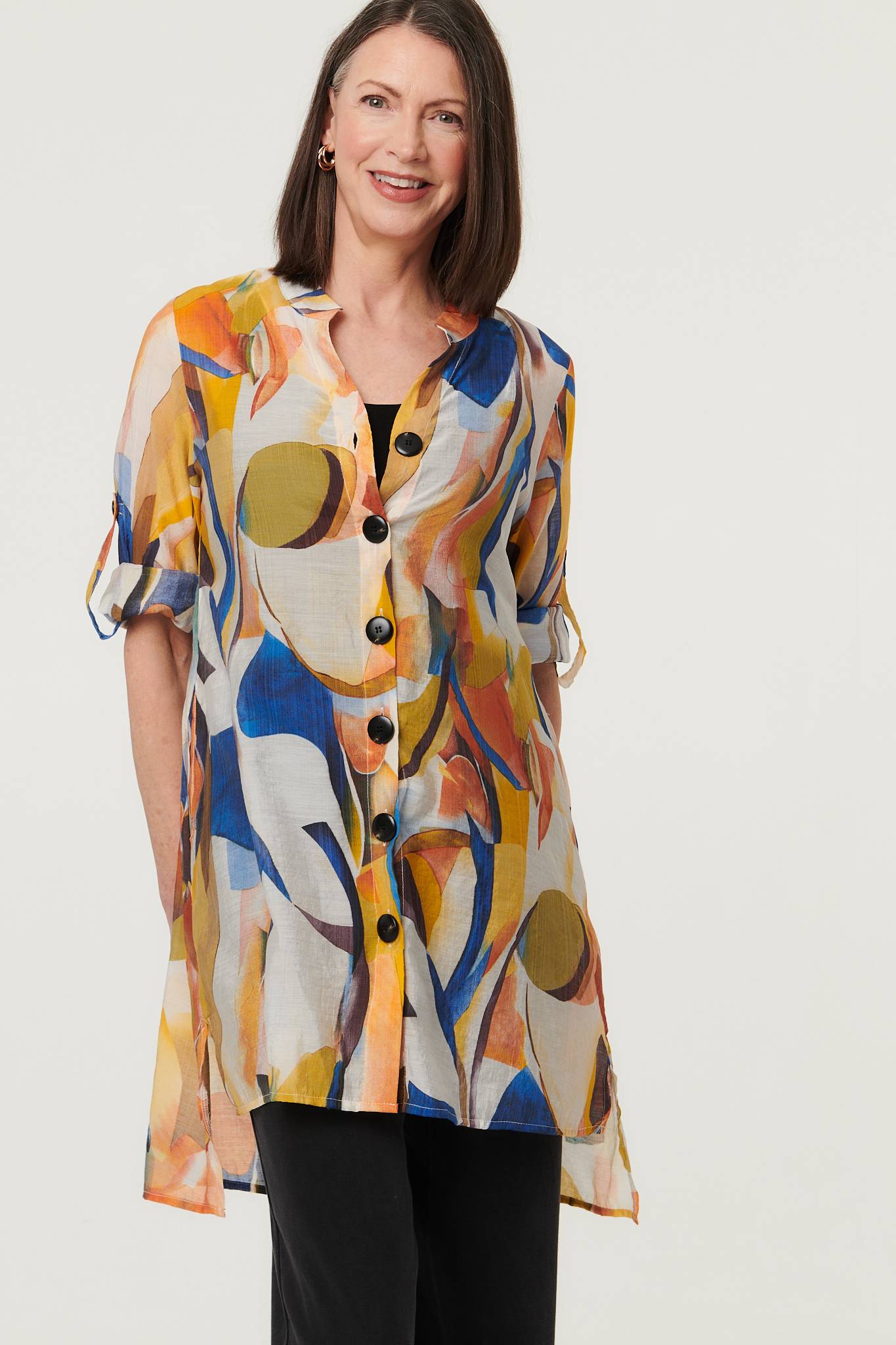 Abstract Long Sleeve Longline Shirt Yellow Styled View