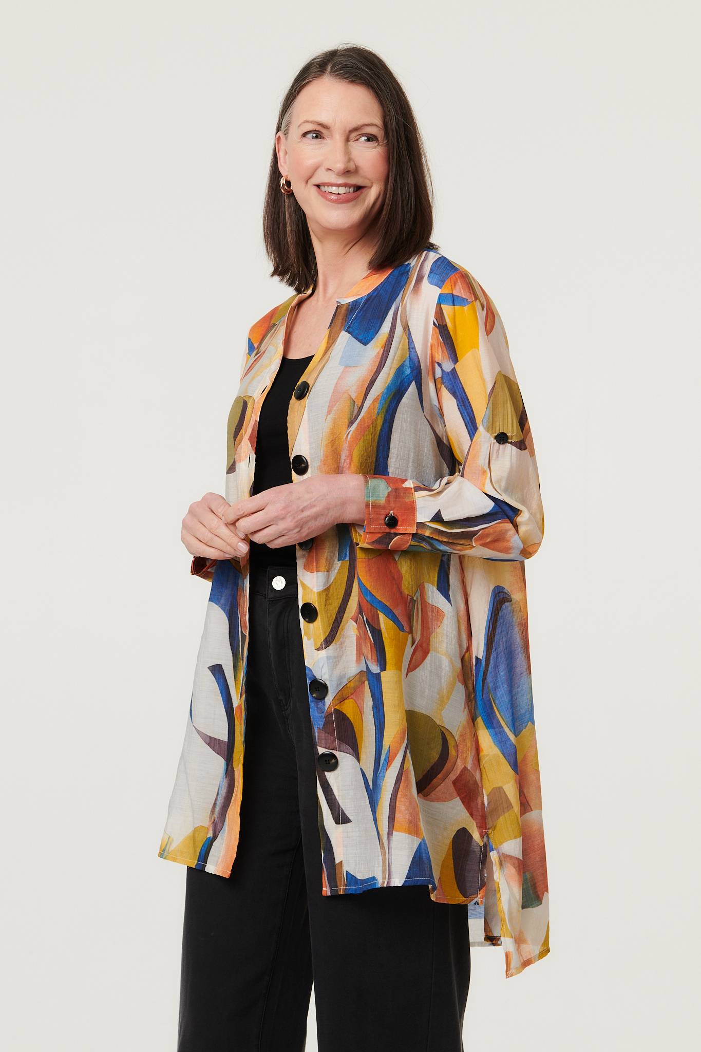 Abstract Long Sleeve Longline Shirt Yellow Front View