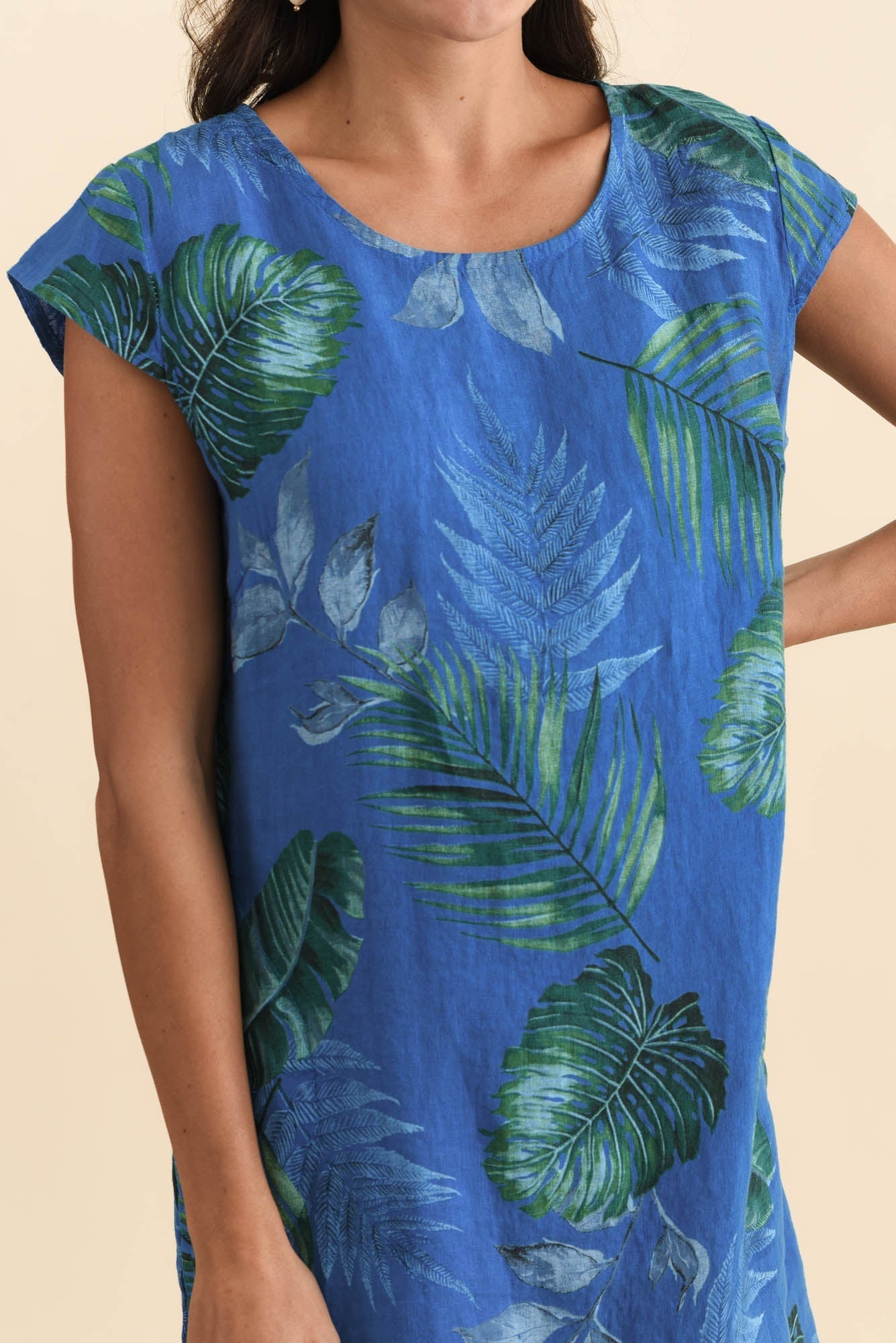 Tina Cobalt Palm Linen Pocket Dress