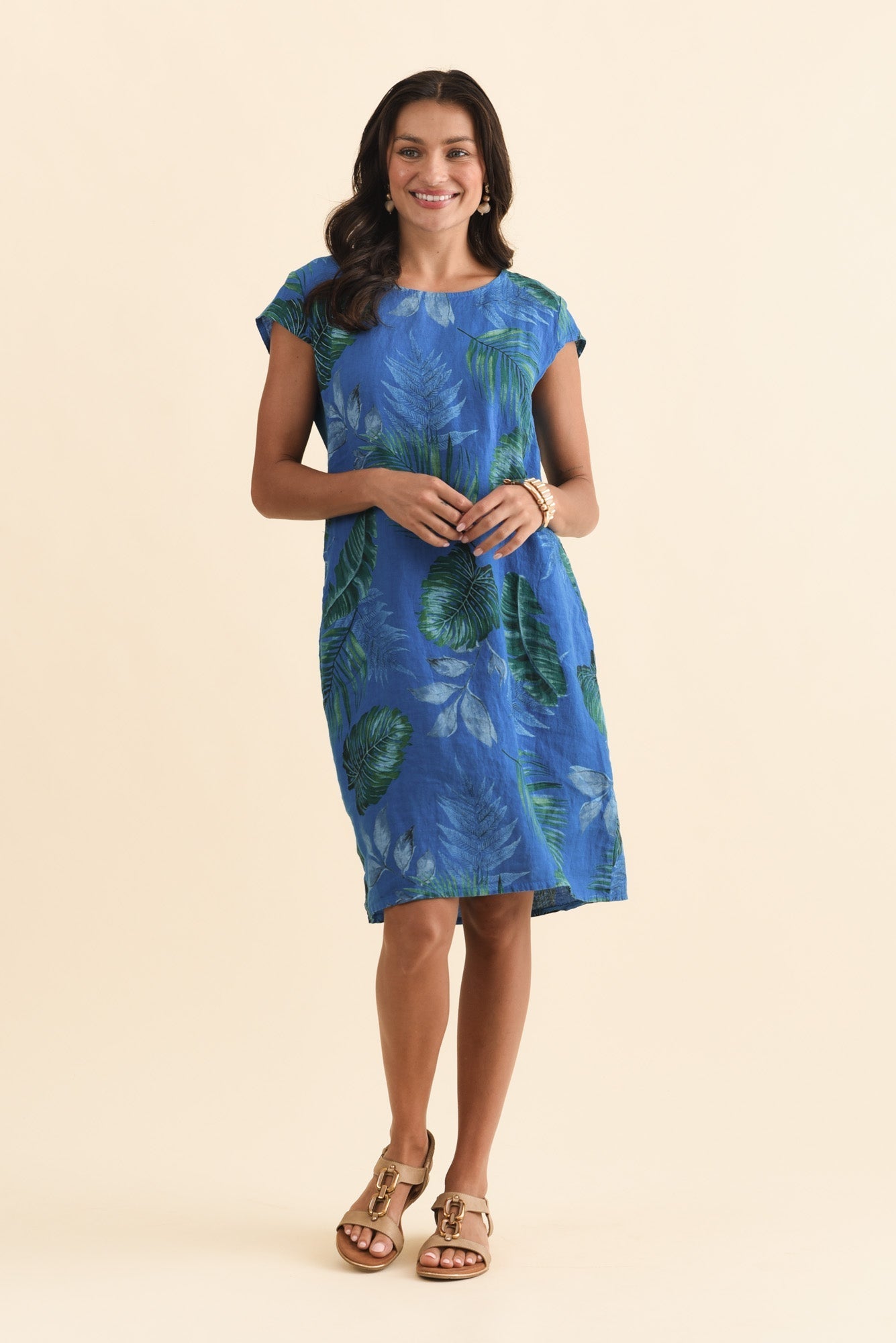 Tina Cobalt Palm Linen Pocket Dress