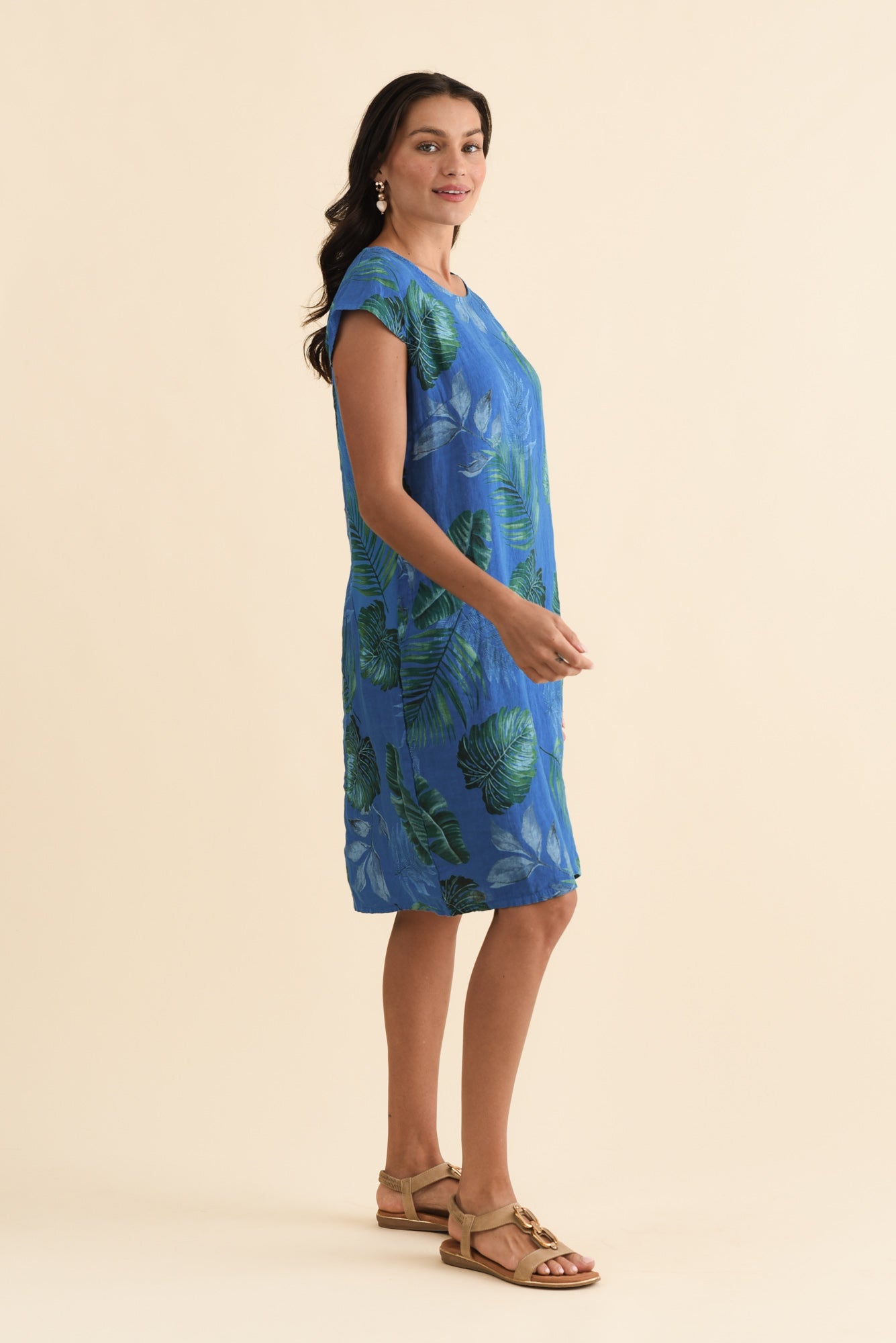 Tina Cobalt Palm Linen Pocket Dress