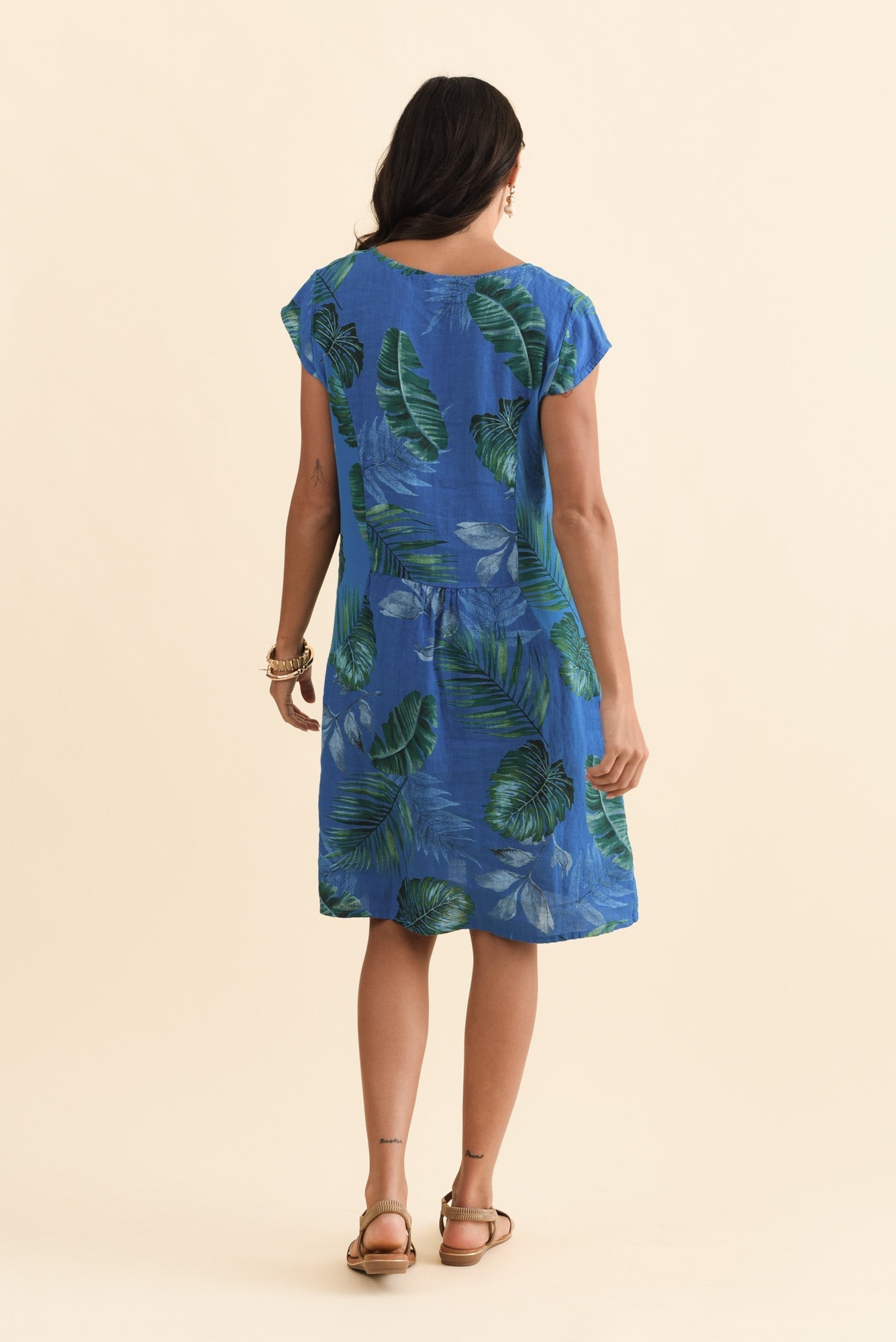 Tina Cobalt Palm Linen Pocket Dress