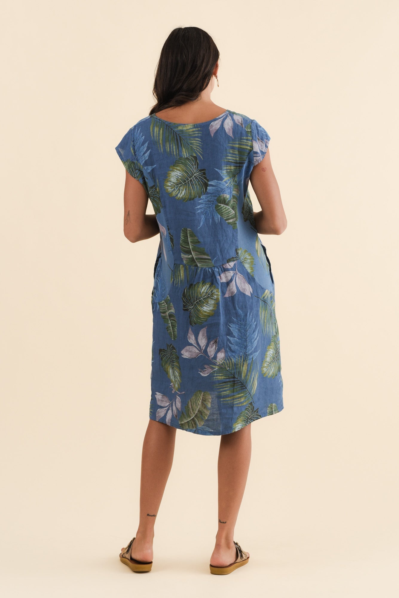 Tina Steel Palm Linen Pocket Dress