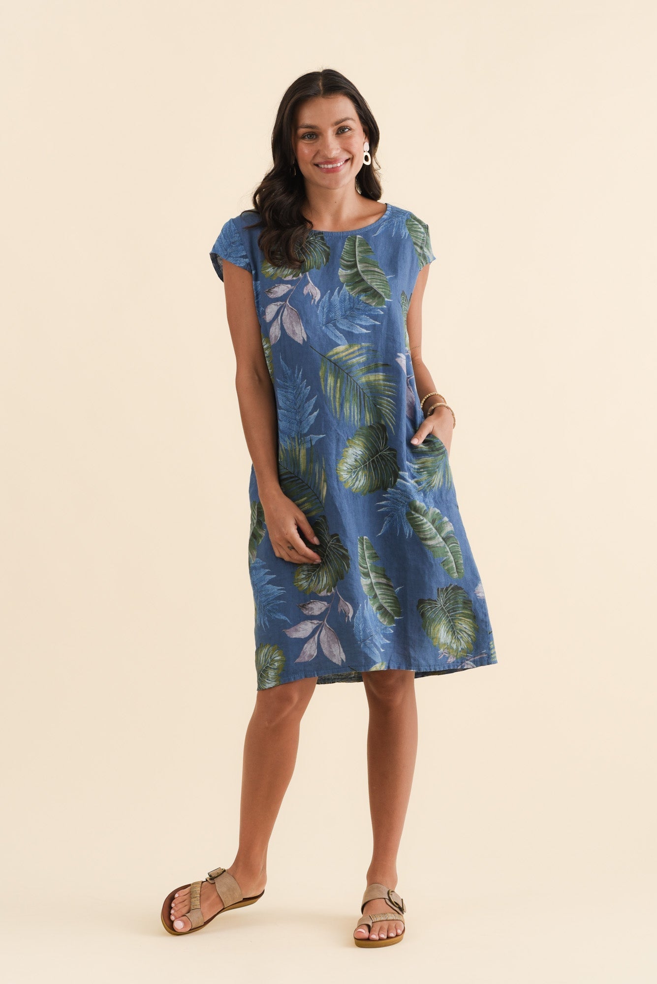 Tina Steel Palm Linen Pocket Dress