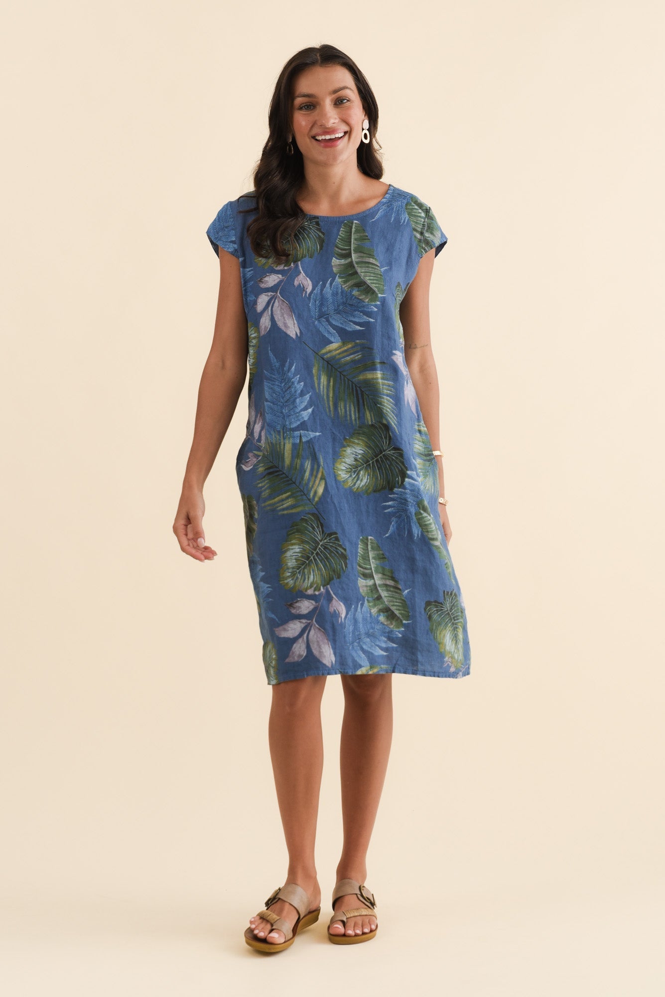 Tina Steel Palm Linen Pocket Dress