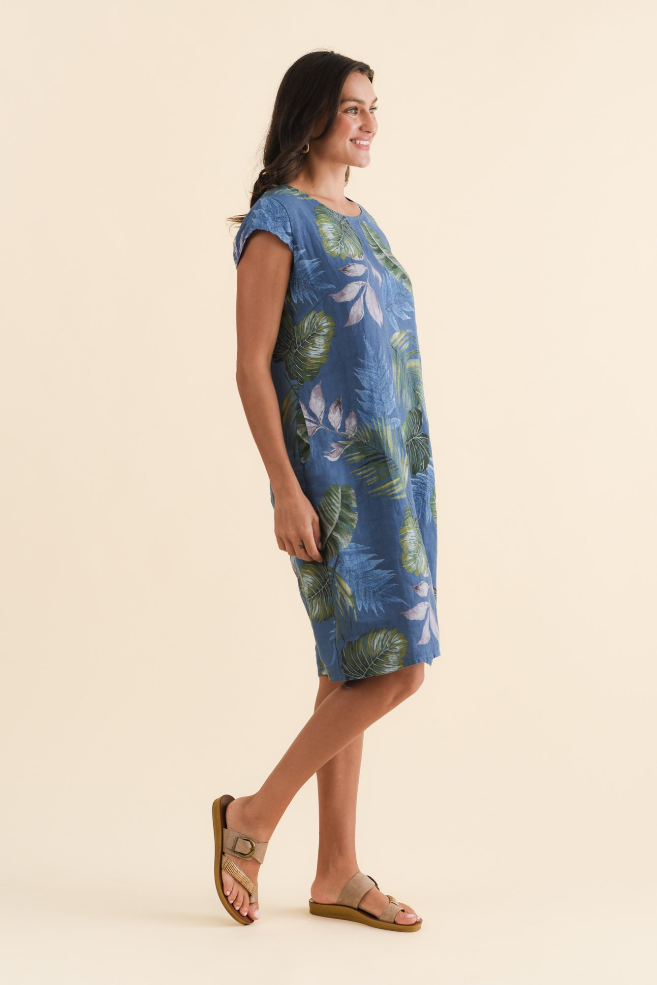 Tina Steel Palm Linen Pocket Dress