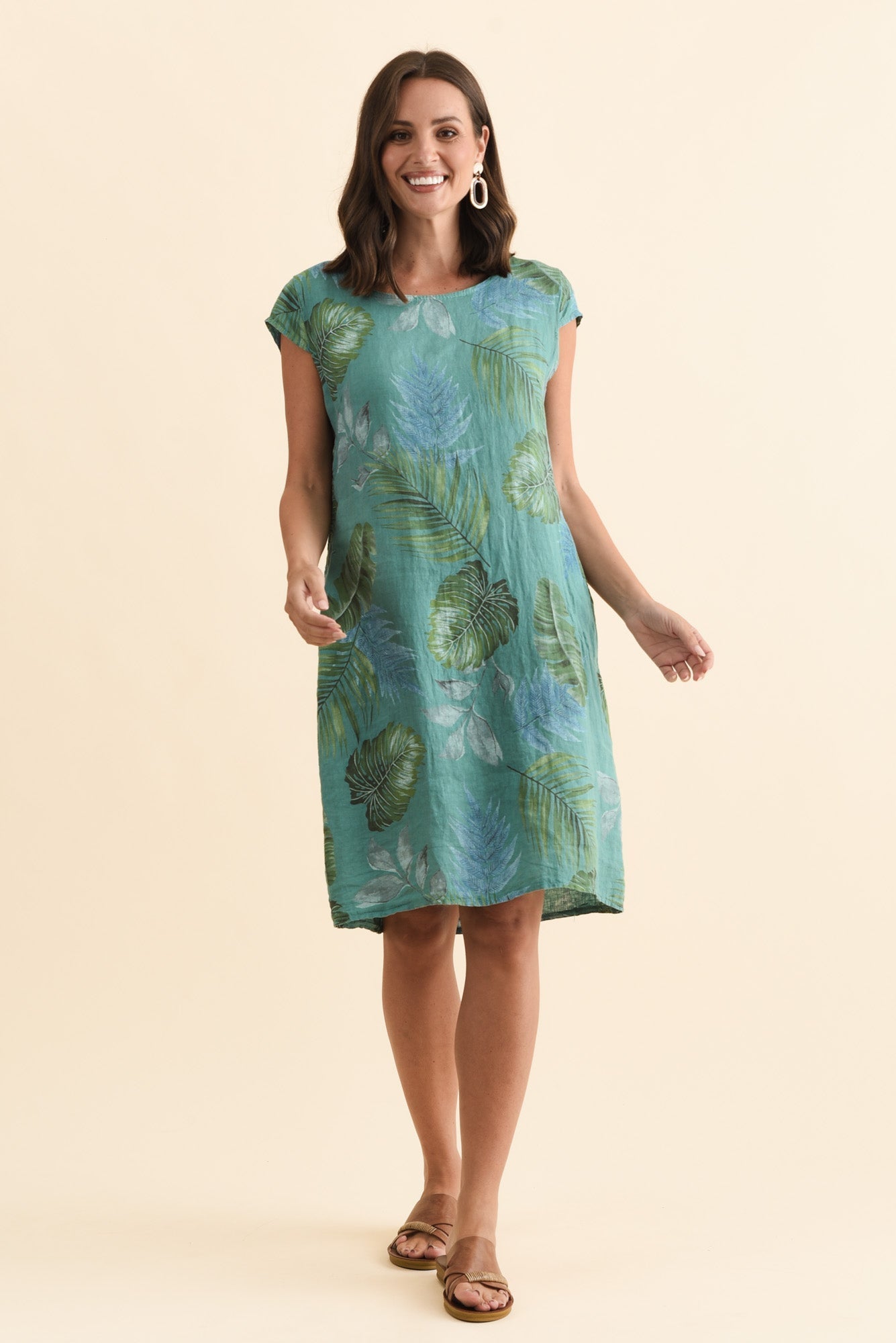 Tina Teal Palm Linen Pocket Dress