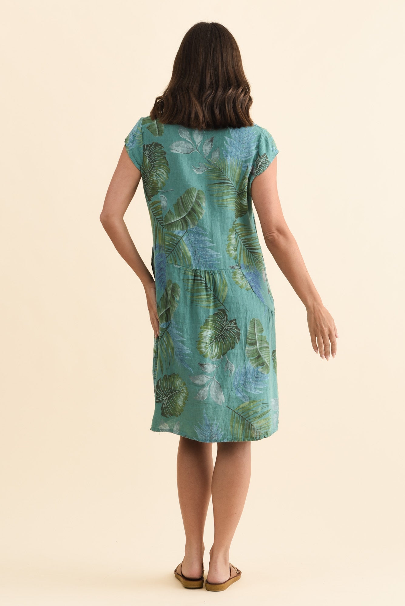 Tina Teal Palm Linen Pocket Dress