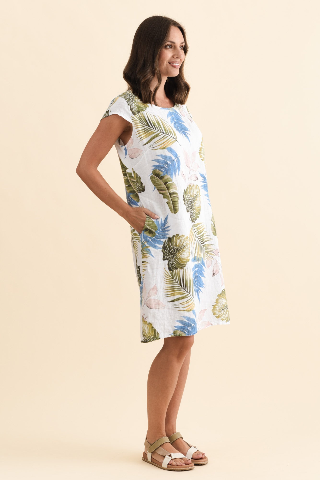 Tina White Palm Linen Pocket Dress
