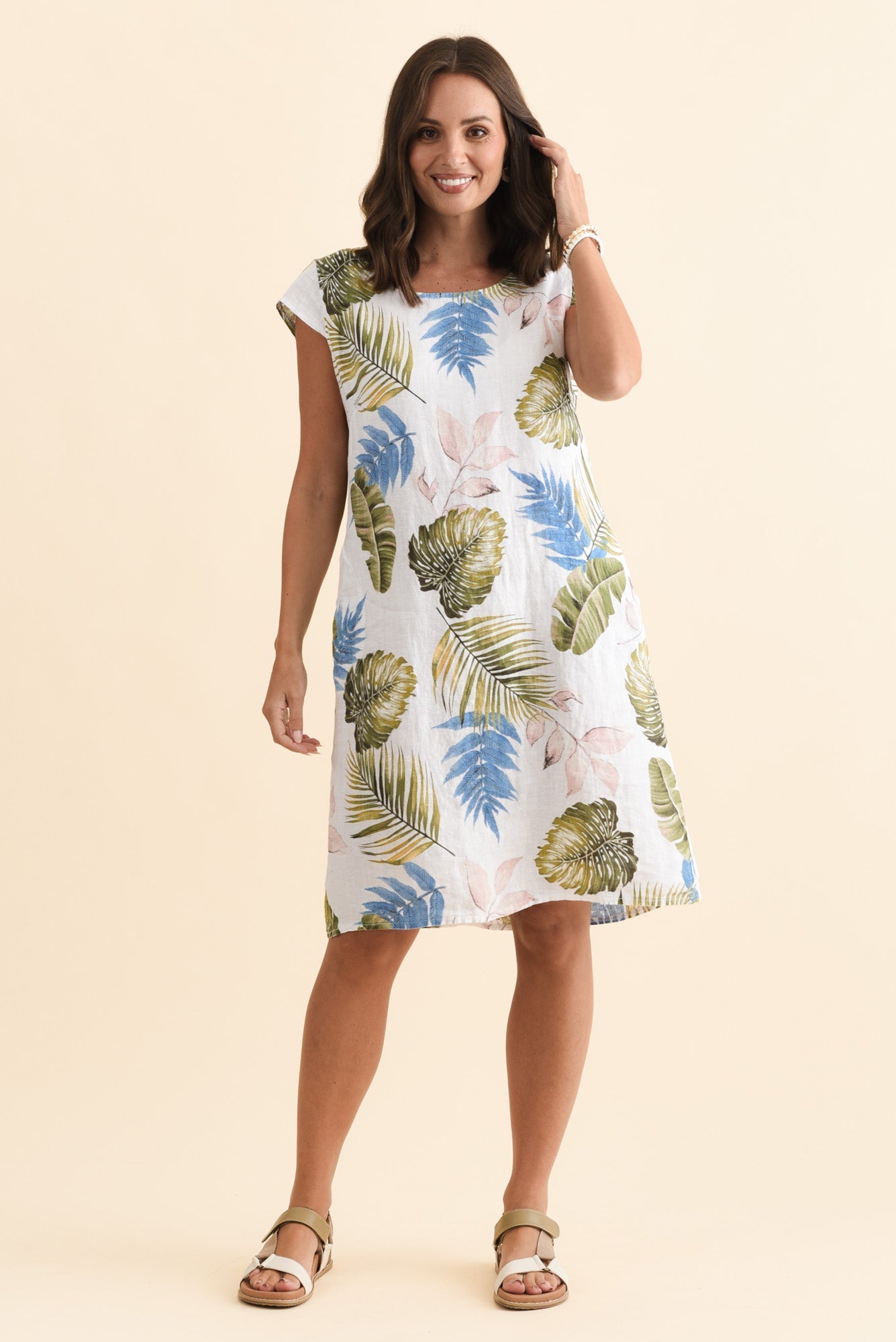 Tina White Palm Linen Pocket Dress