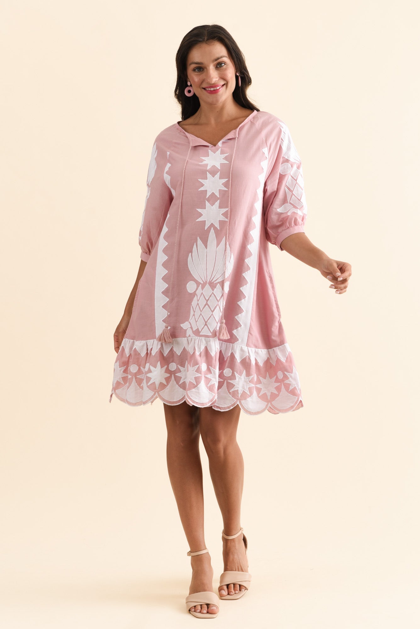 Tori Pink Abstract Cotton Tassel Dress