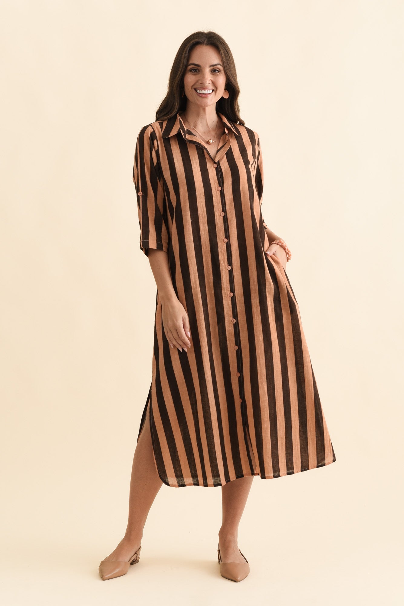 Tricia Chocolate Stripe Cotton Shirt Dress