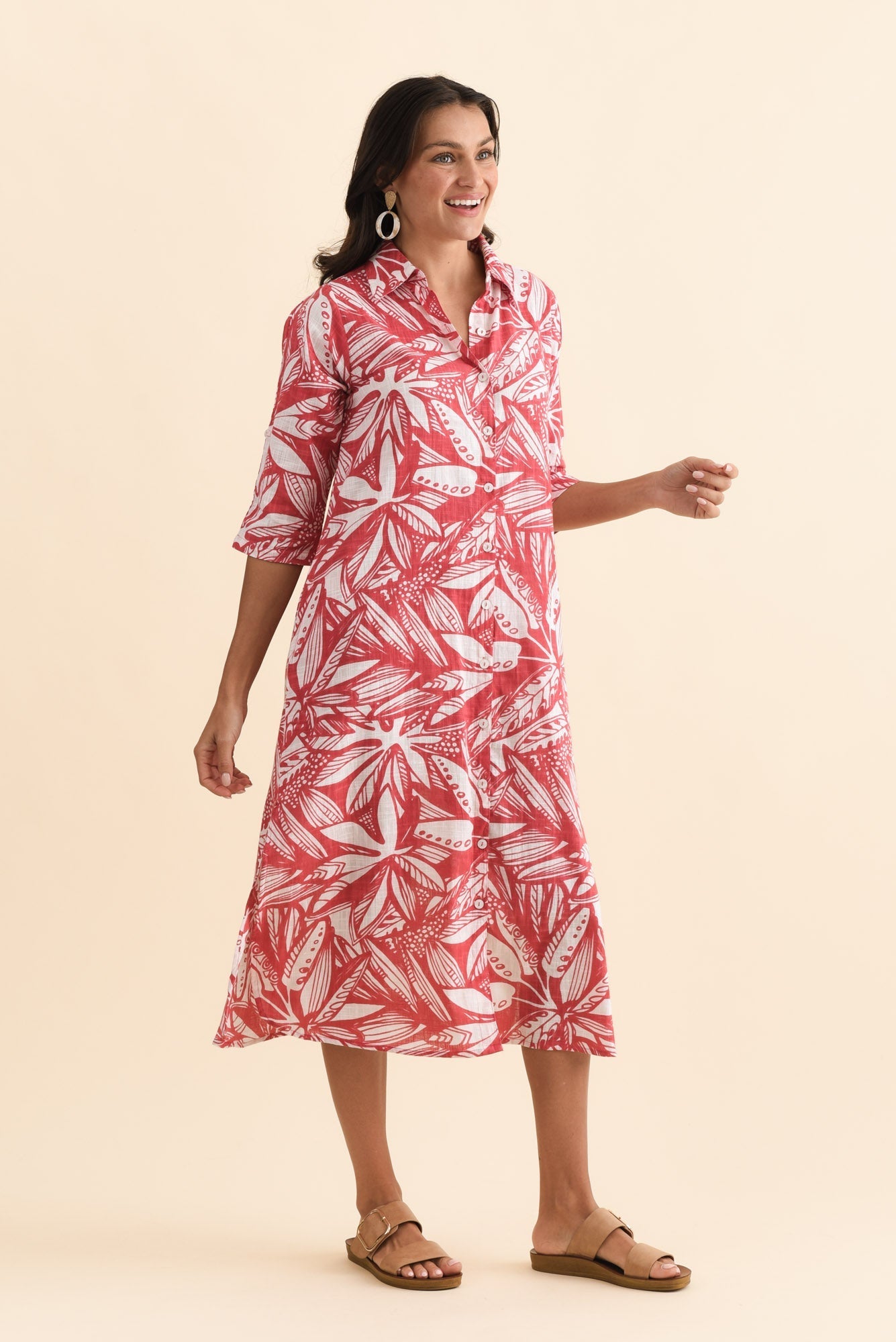 Tricia Coral Leaf Cotton Shirt Dress