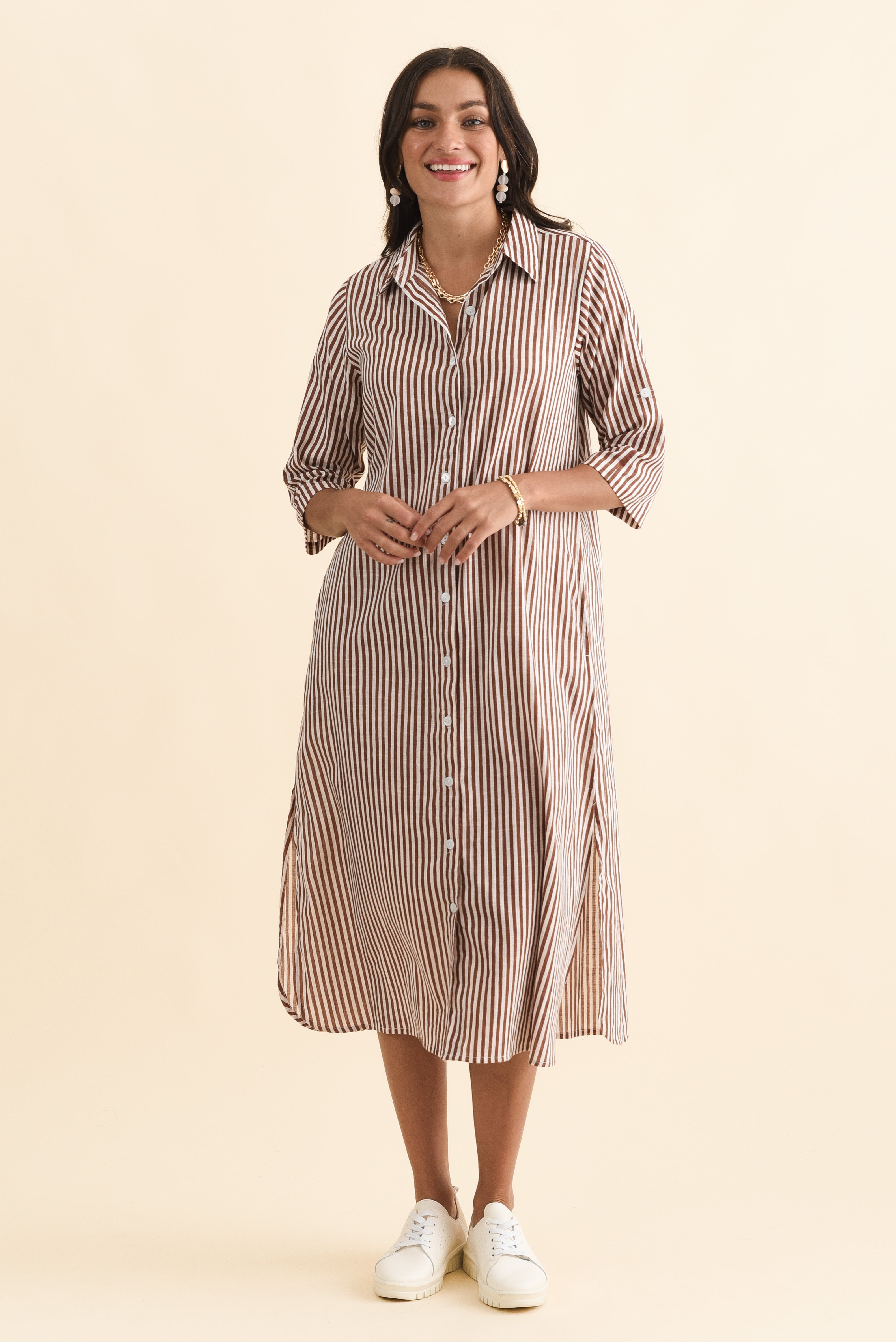 Tricia Mocha Stripe Cotton Shirt Dress