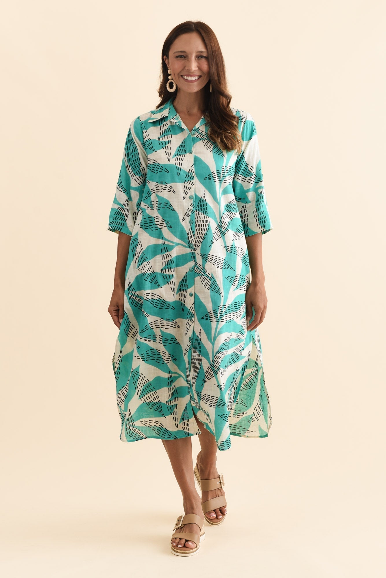 Tricia Teal Fern Cotton Shirt Dress