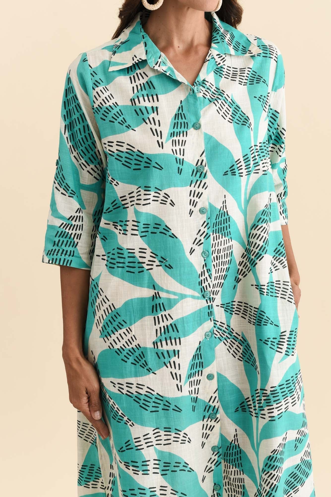 Tricia Teal Fern Cotton Shirt Dress