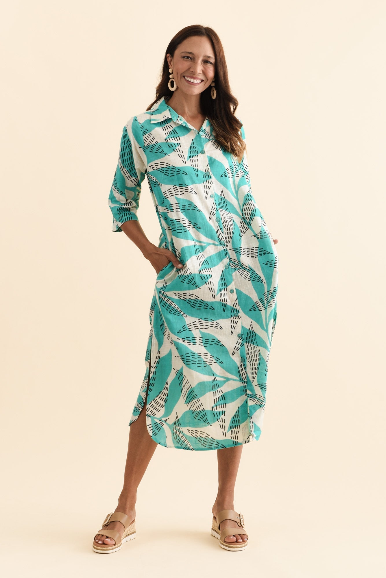 Tricia Teal Fern Cotton Shirt Dress