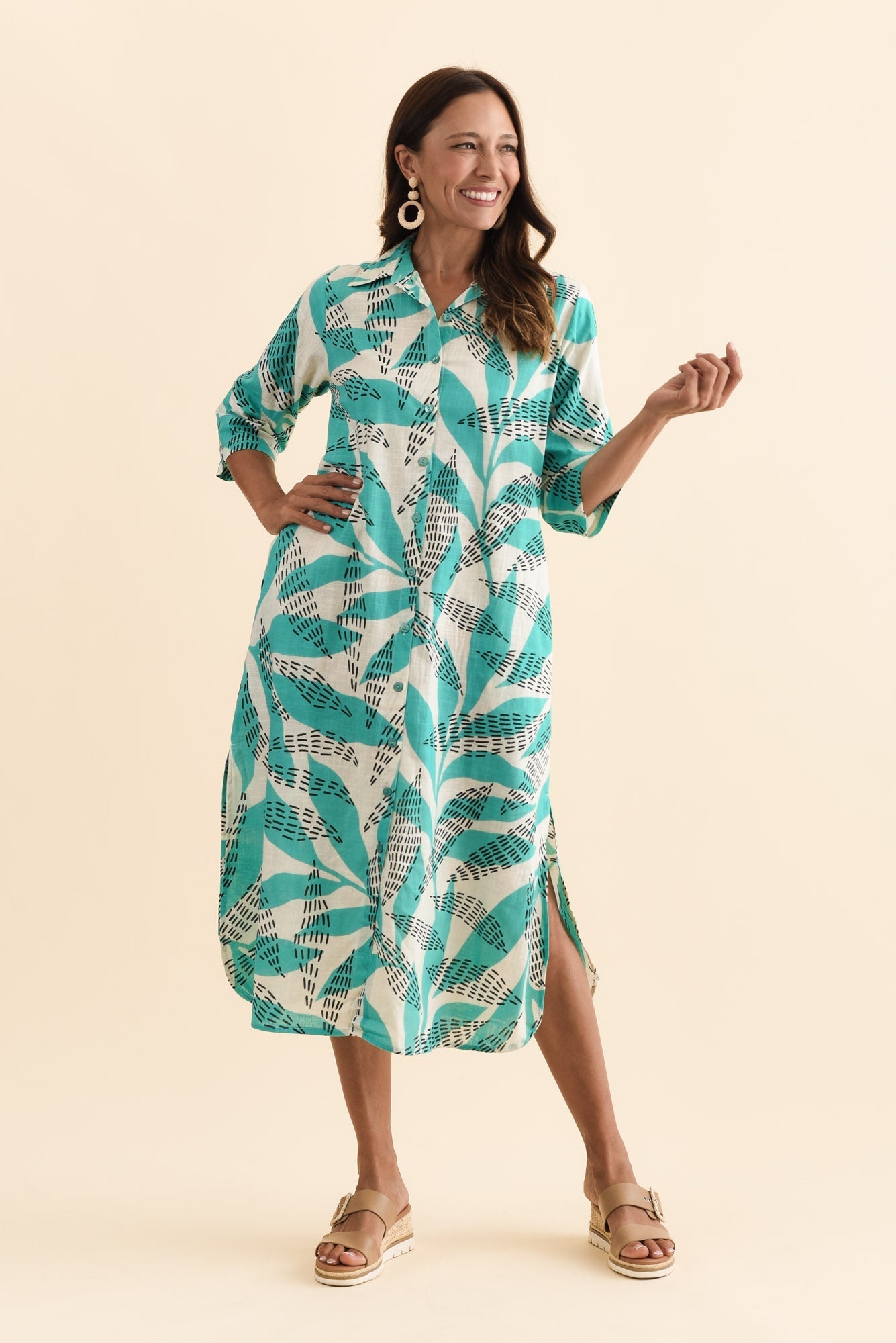 Tricia Teal Fern Cotton Shirt Dress