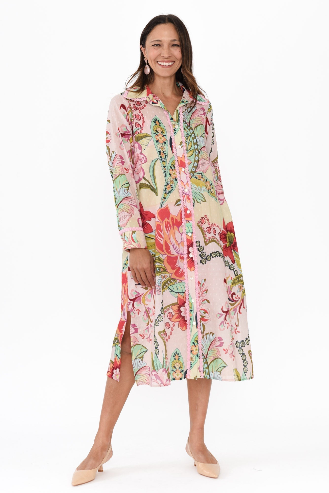 Vada Pink Floral Cotton Shirt Dress