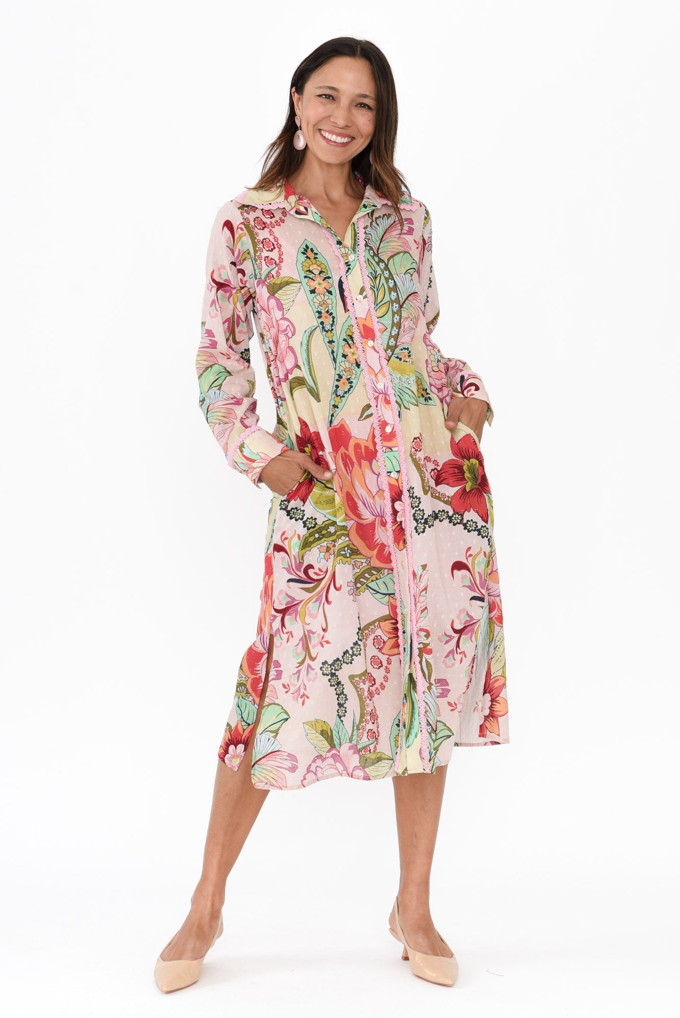 Vada Pink Floral Cotton Shirt Dress