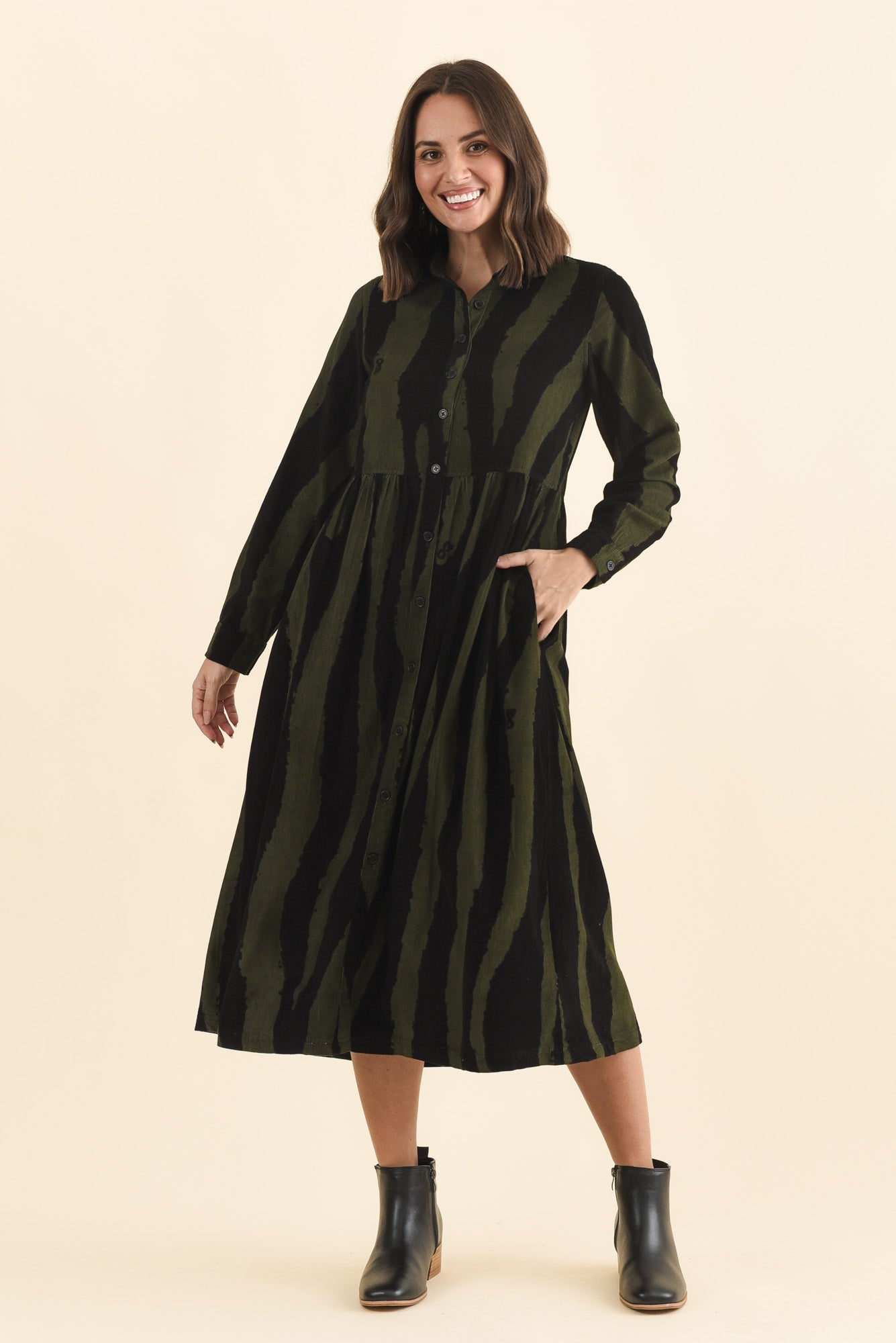 Vani Olive Stripe Cotton Button Dress