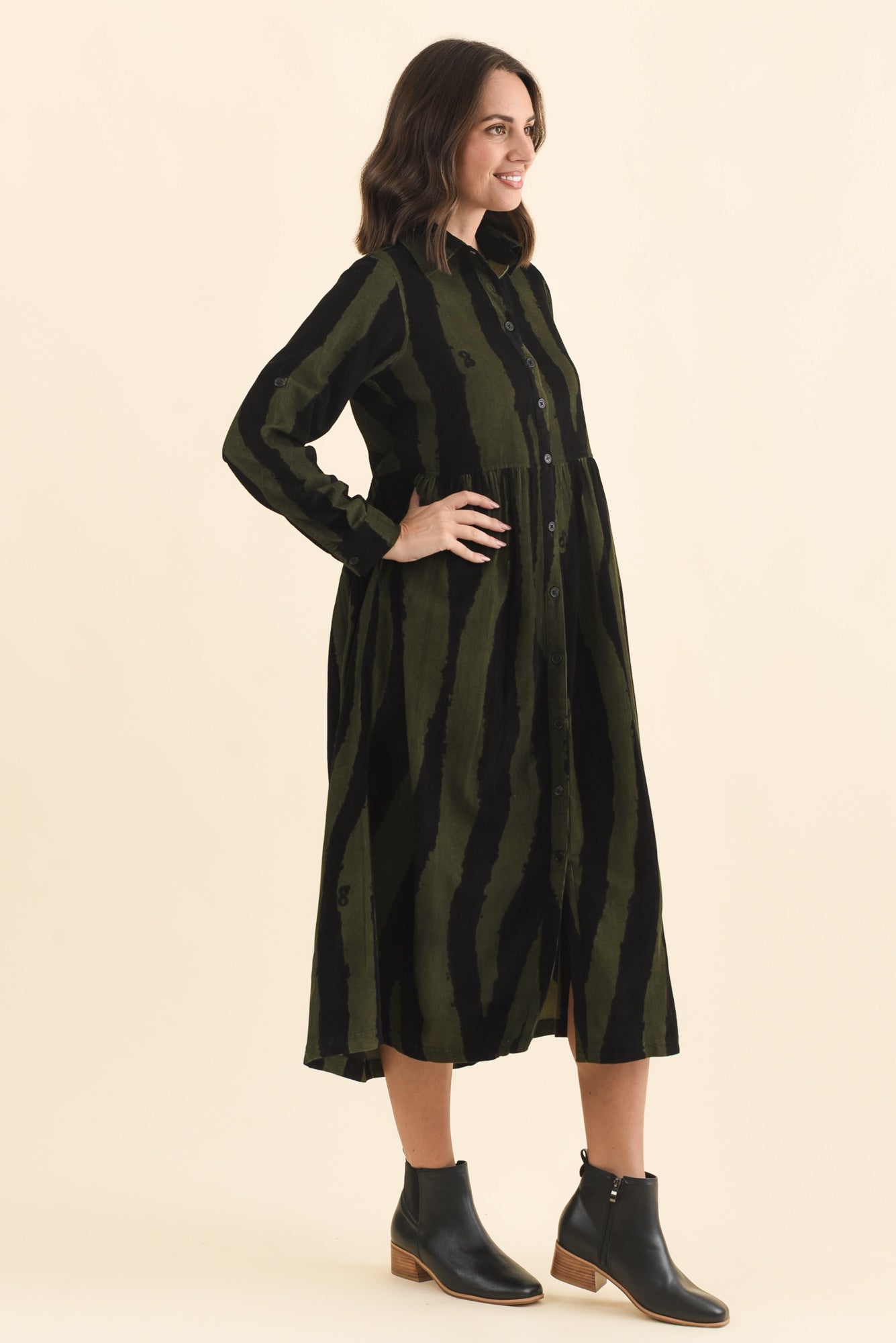 Vani Olive Stripe Cotton Button Dress