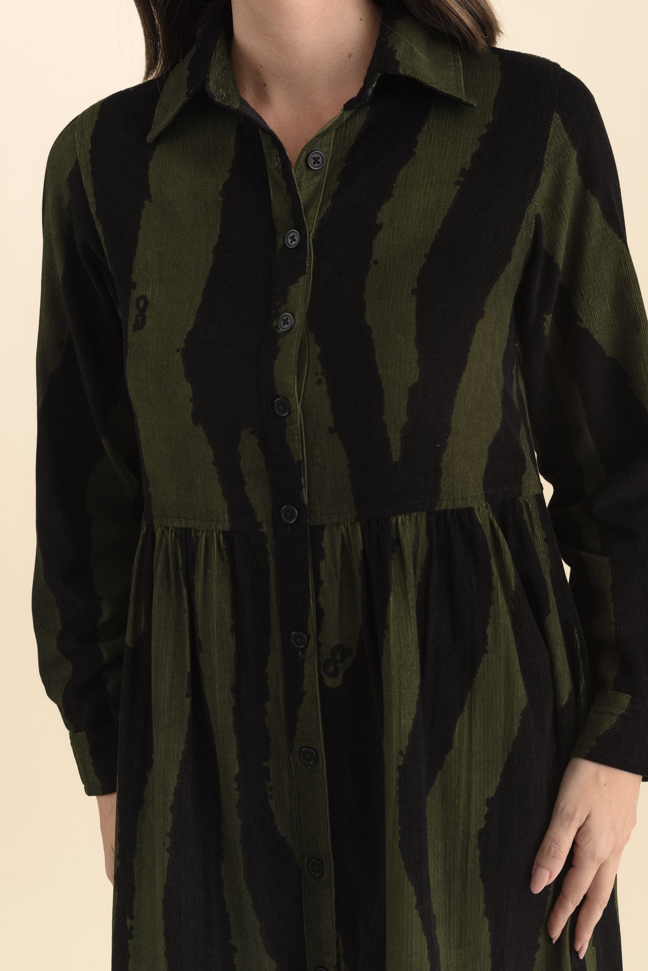 Vani Olive Stripe Cotton Button Dress