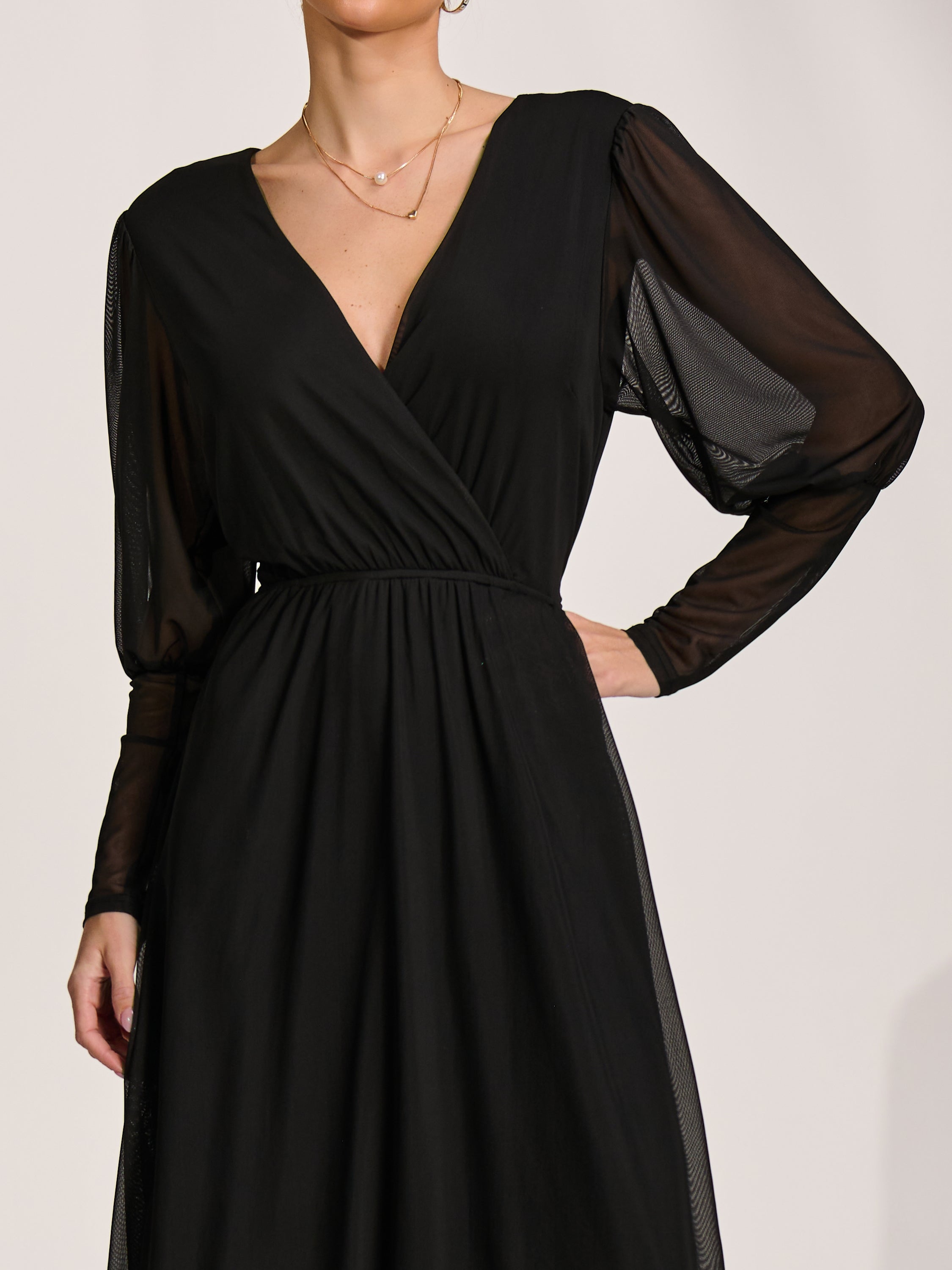 Mesh Long Puff Sleeve Wrap Midi Dress Side View