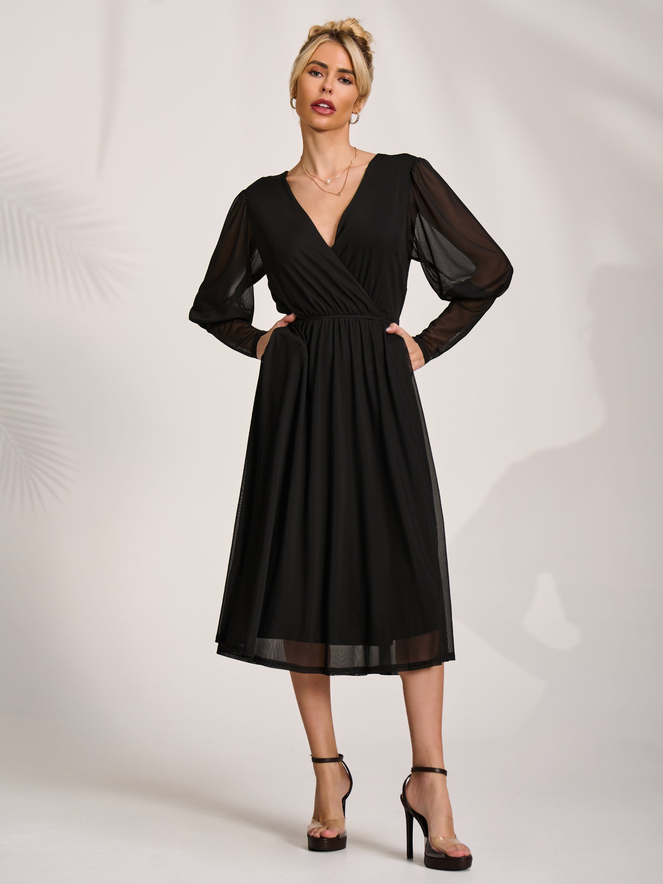 Mesh Long Puff Sleeve Wrap Midi Dress Detail View