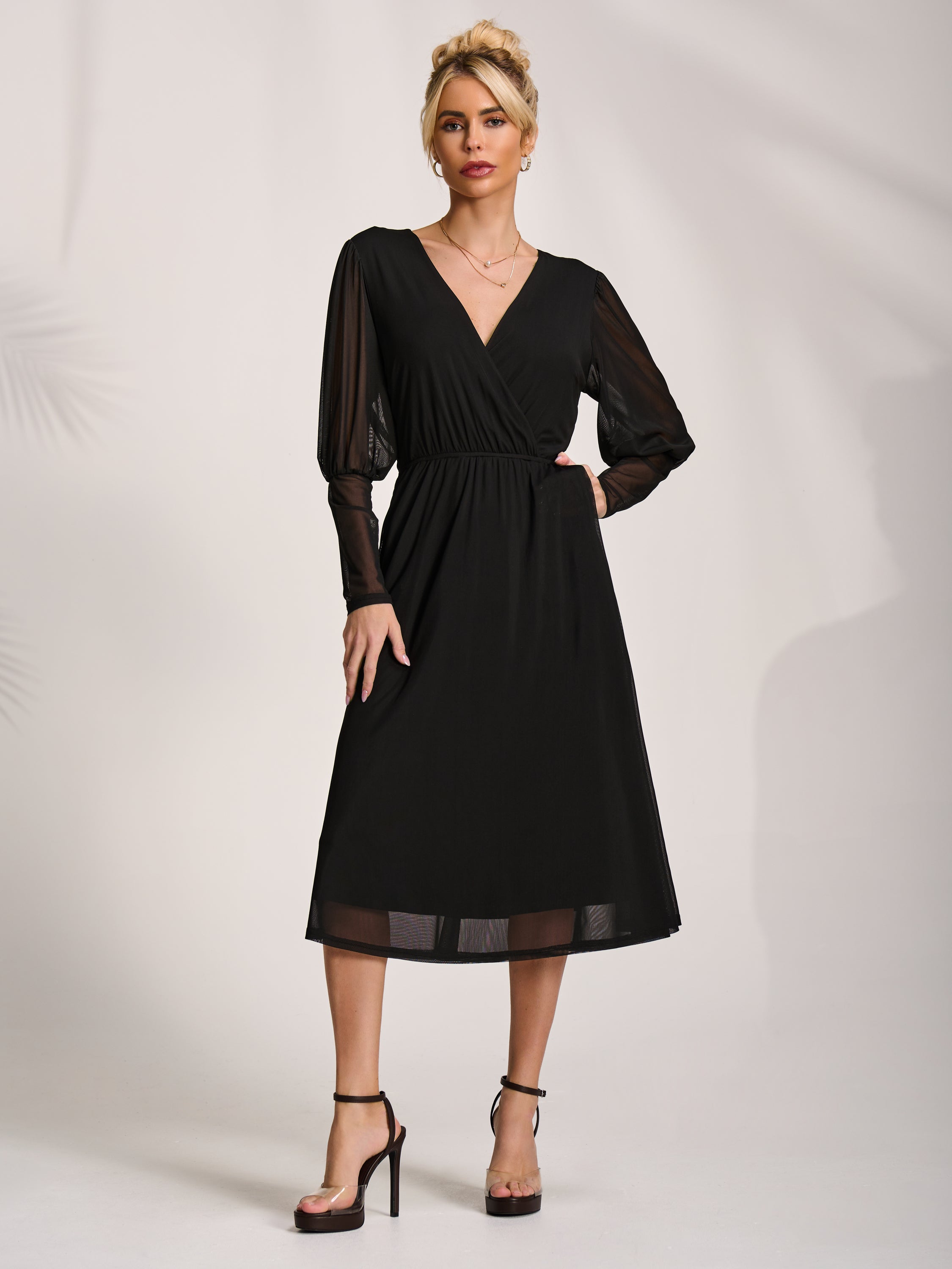 Mesh Long Puff Sleeve Wrap Midi Dress Styled View